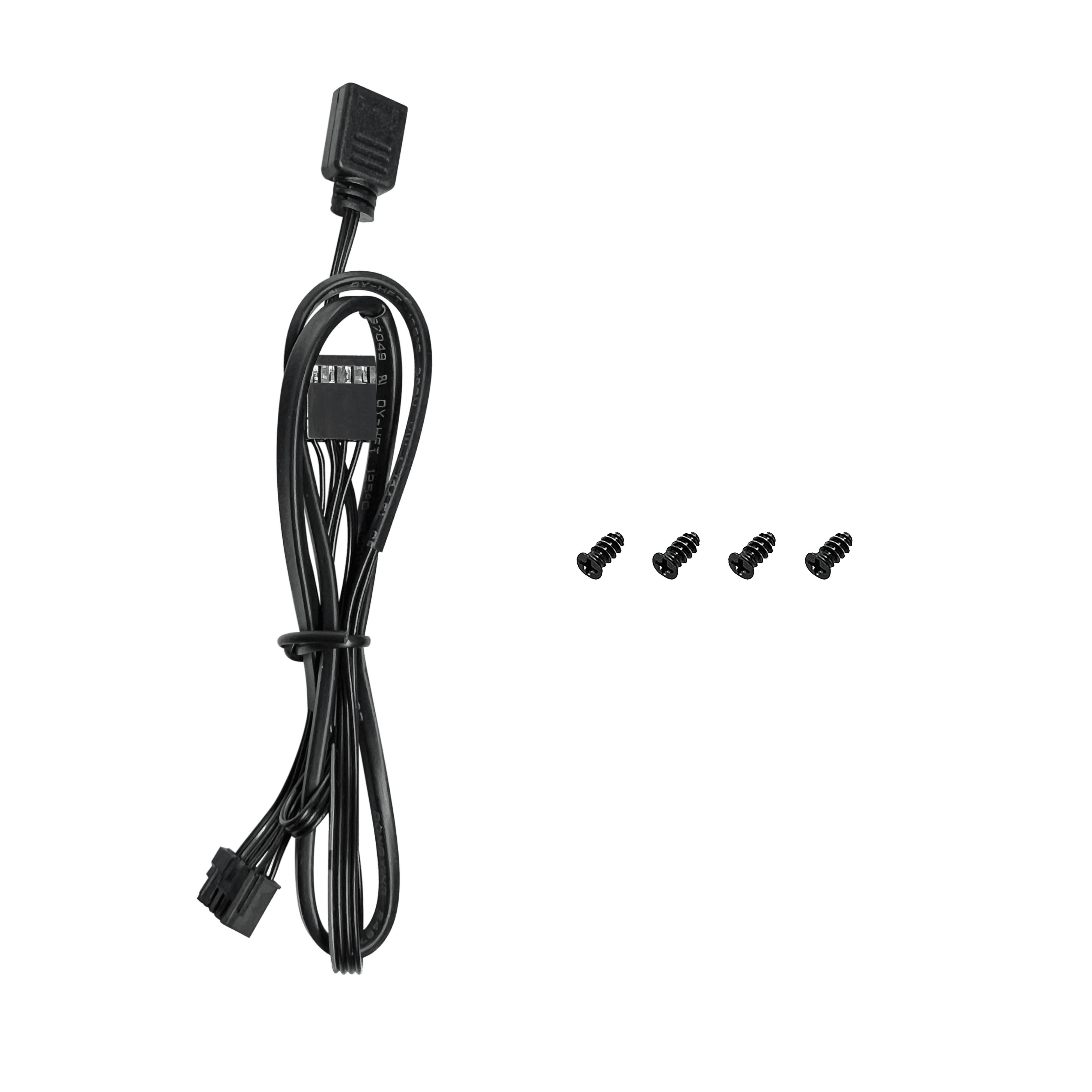 Czarny kabel ze złączami i czterema śrubami na białym tle.
