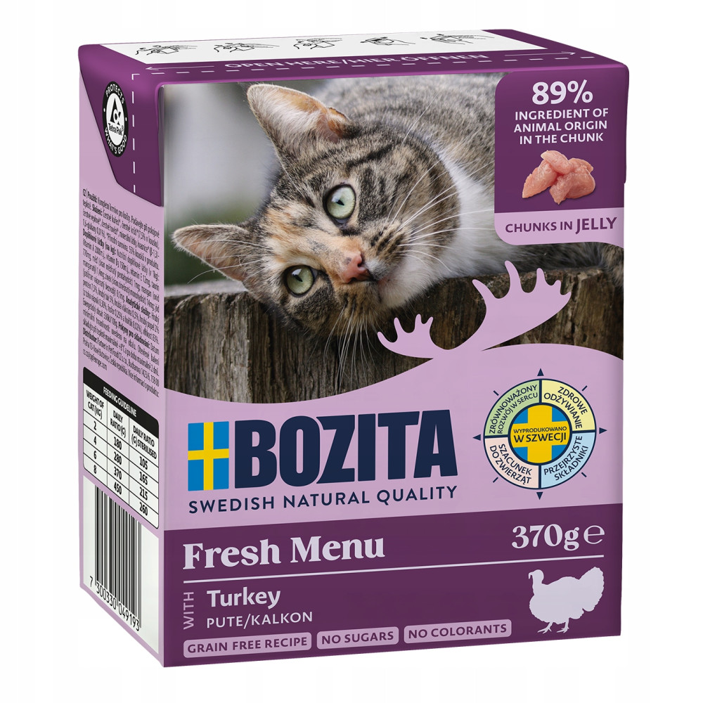 Pudełko karmy dla kota z kotem, ikoną indyka i tekstem.