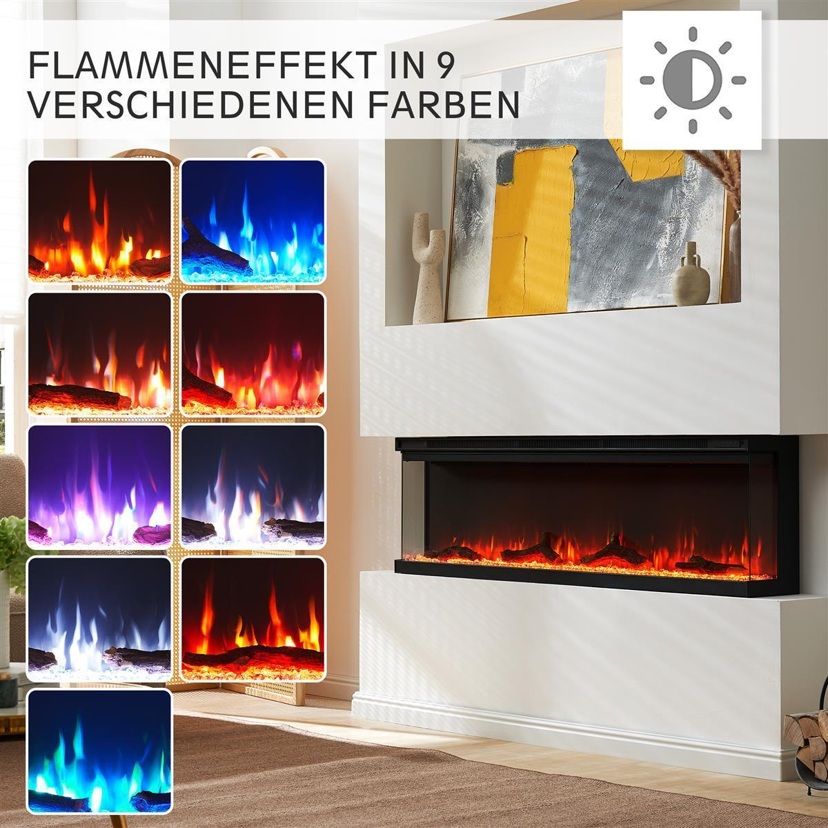 Elektrischer Kamin mit Flammen in 9 Farben, mit Kunstwerk im Hintergrund.
