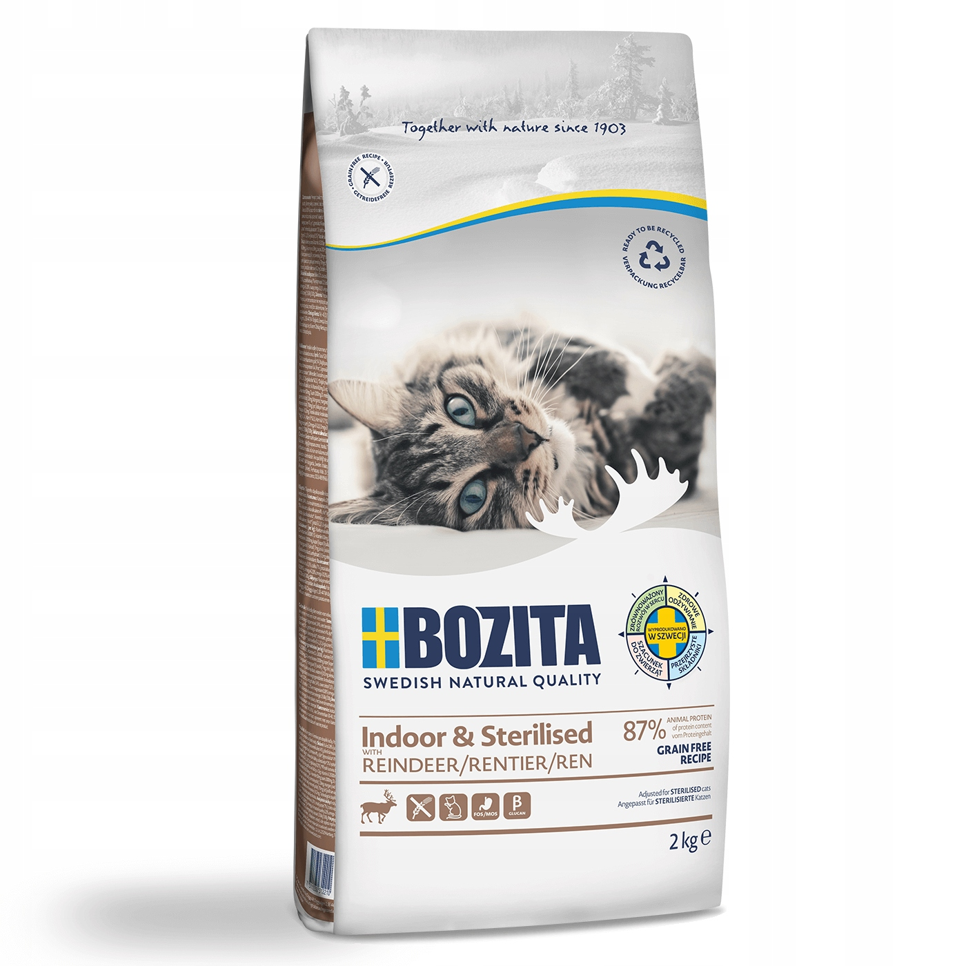Bozita karma dla kota: Indoor & Sterilised z reniferem, torba 2 kg. Kot leży na plecach.