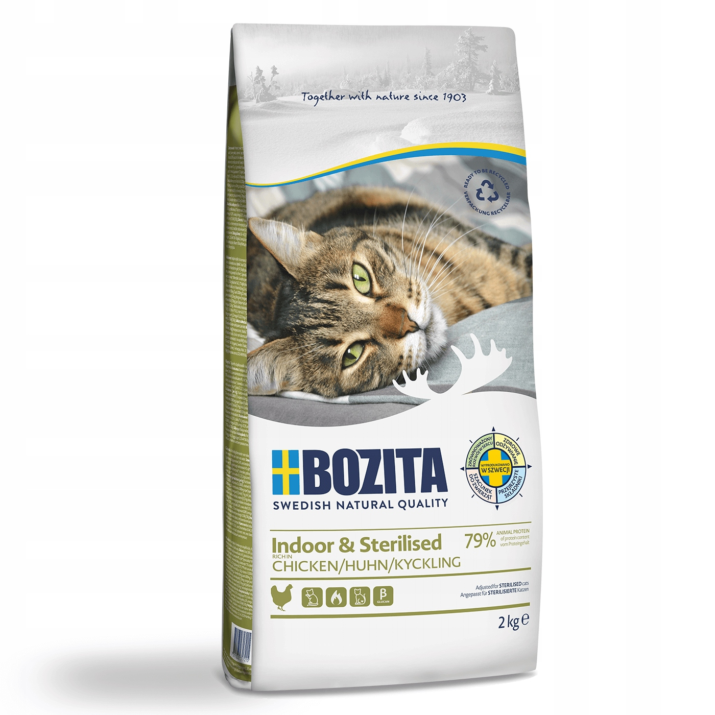 Torebka karmy dla kotów Bozita z leżącym kotem na pierwszym planie.