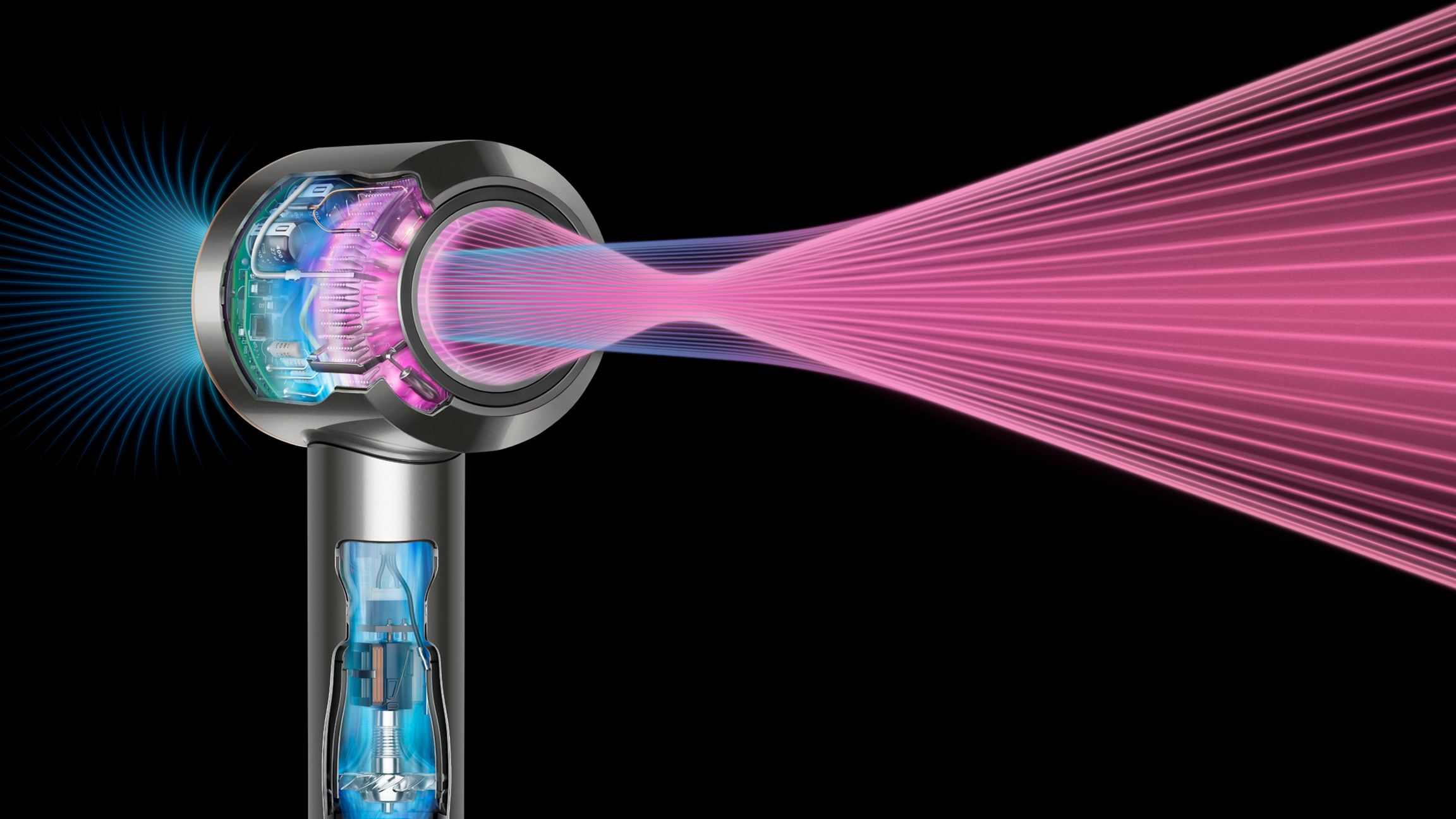 A hairdryer with its internal components exposed, showing blue air intake and pink outflow.