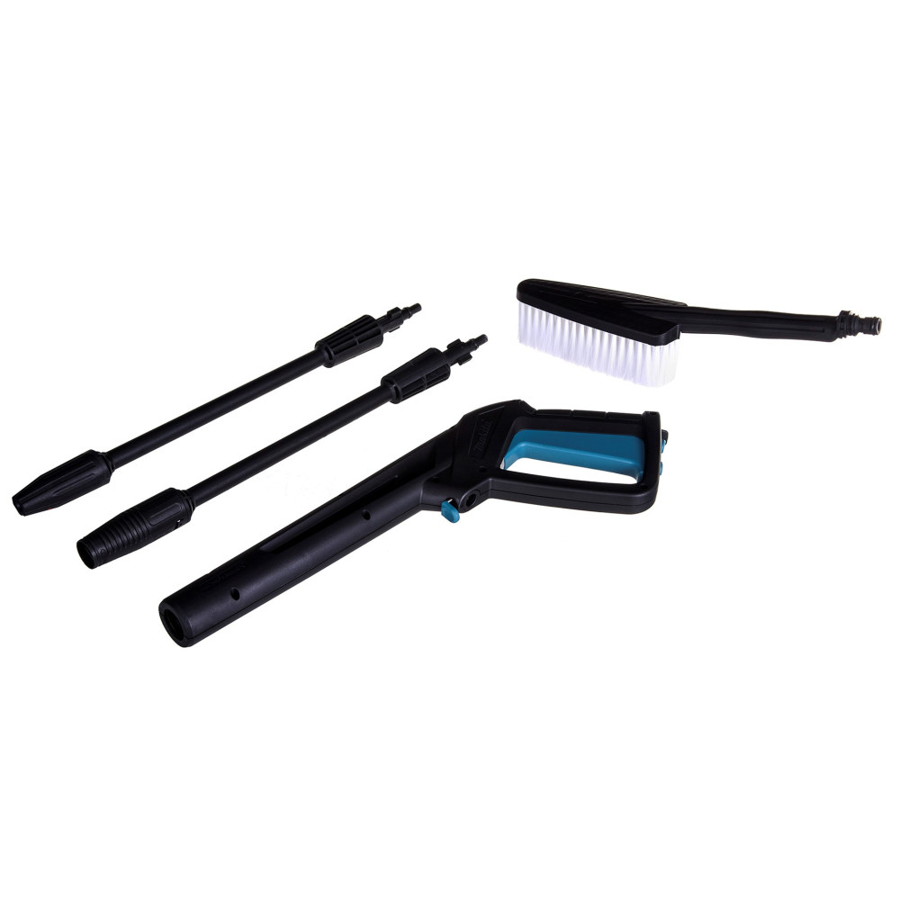 Czarny uchwyt myjki ciśnieniowej z niebieskim akcentem, dwoma lancami i szczotką.