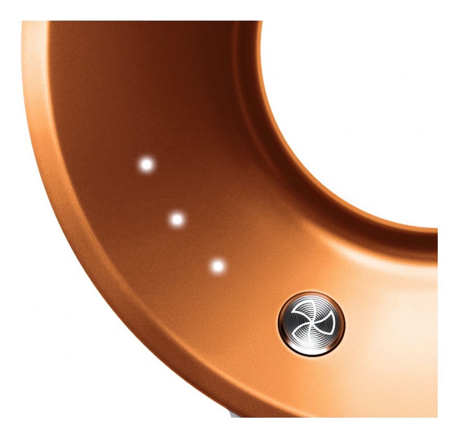 Close-up of a copper surface with three lights and a silver button.