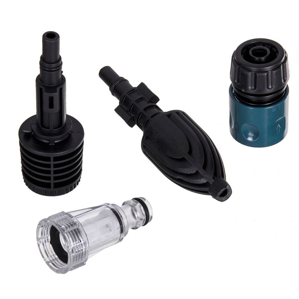 Cztery czarne i jeden przezroczysty łącznik do myjki ciśnieniowej.