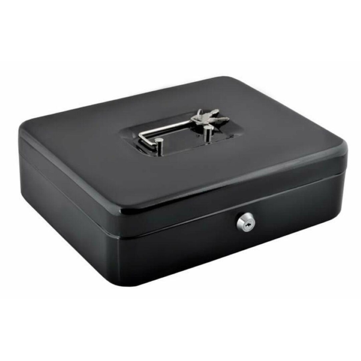 Una caja de dinero negra con cerradura y asa.