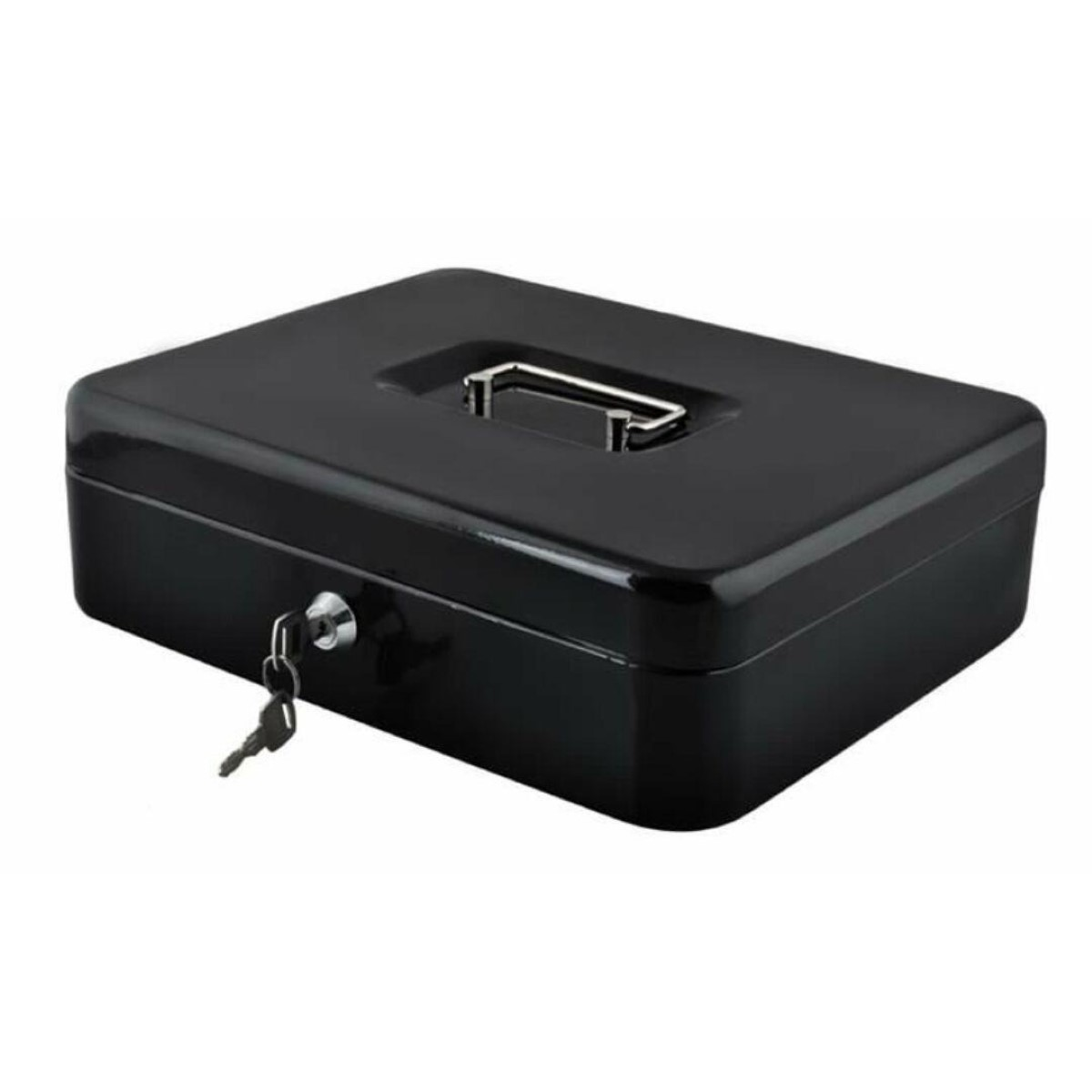 Caja de dinero negra con llave y asa sobre fondo blanco.