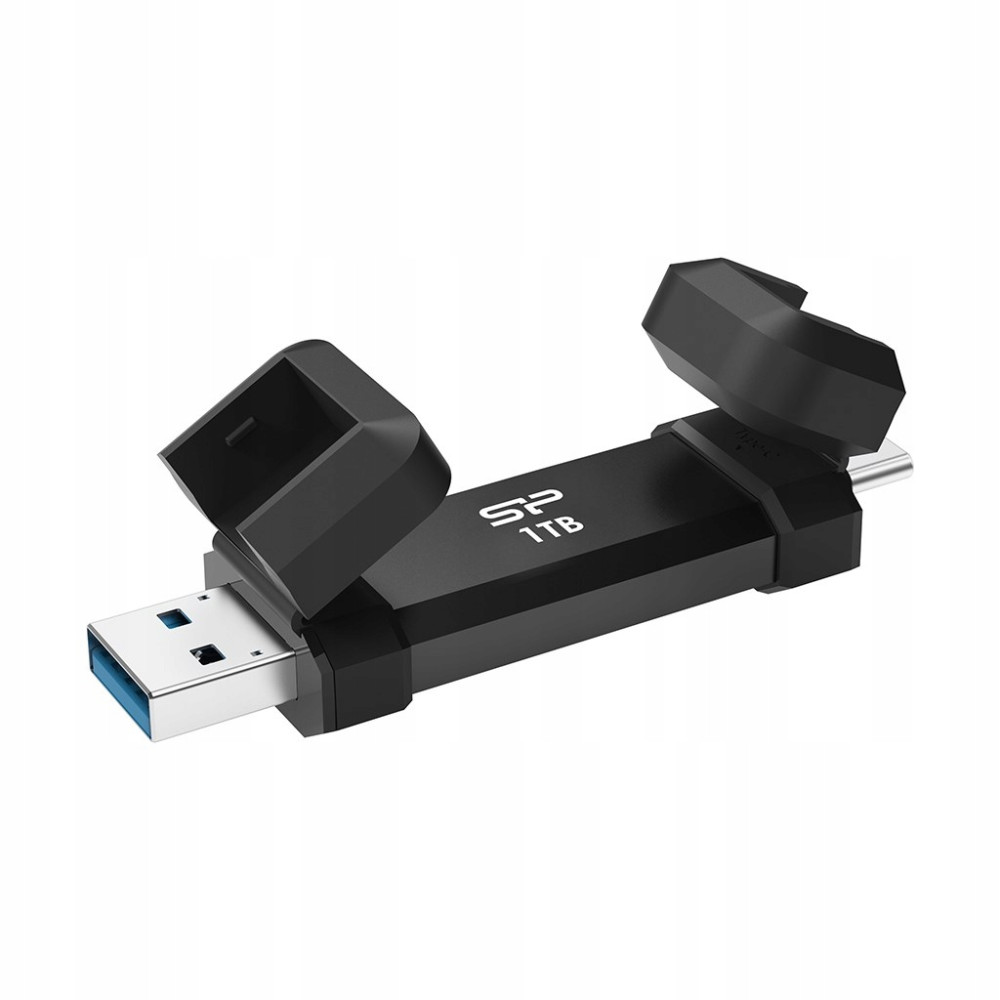 Czarny pendrive USB 1 TB z otwartymi nakładkami.