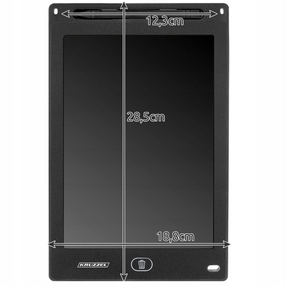 Tableta de escritura LCD negra con dimensiones de 28,5x12,3 cm y 18,8 cm.
