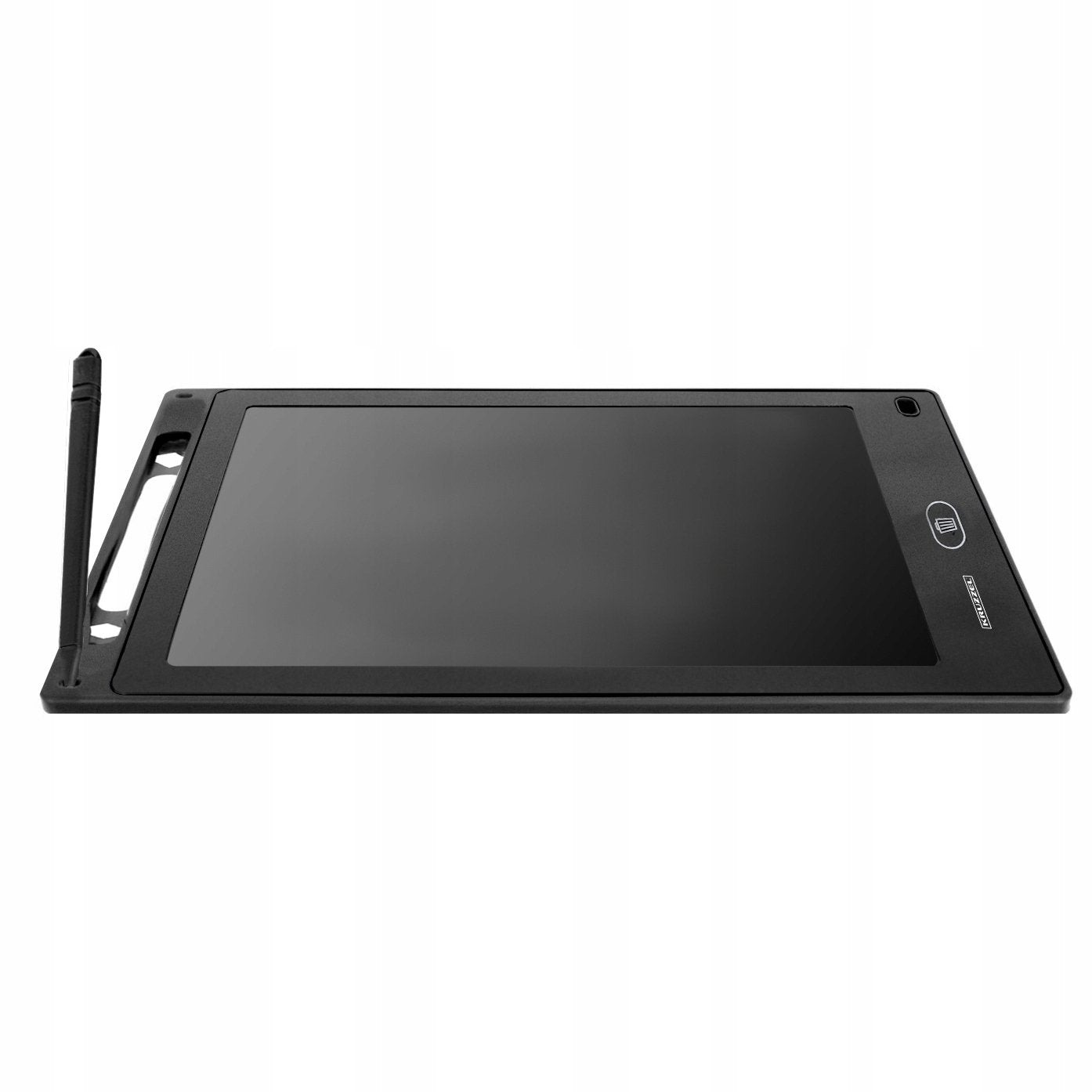 Tableta de escritura digital negra con lápiz, aislada sobre fondo blanco.
