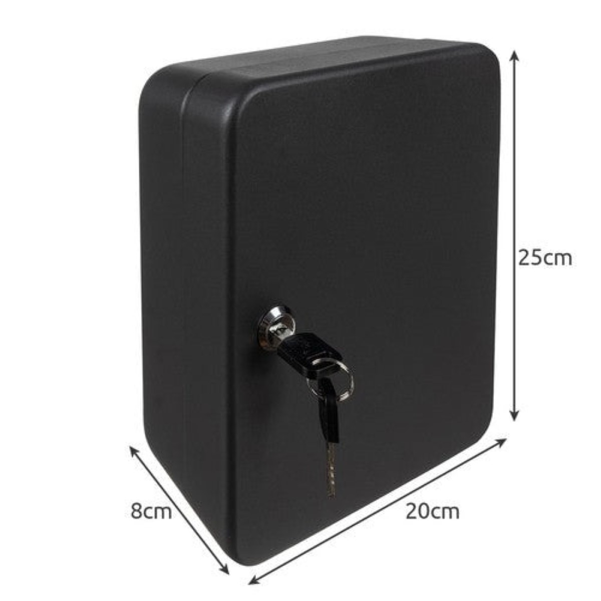 Caja de llaves negra, 25x20x8cm, con llave en la cerradura.