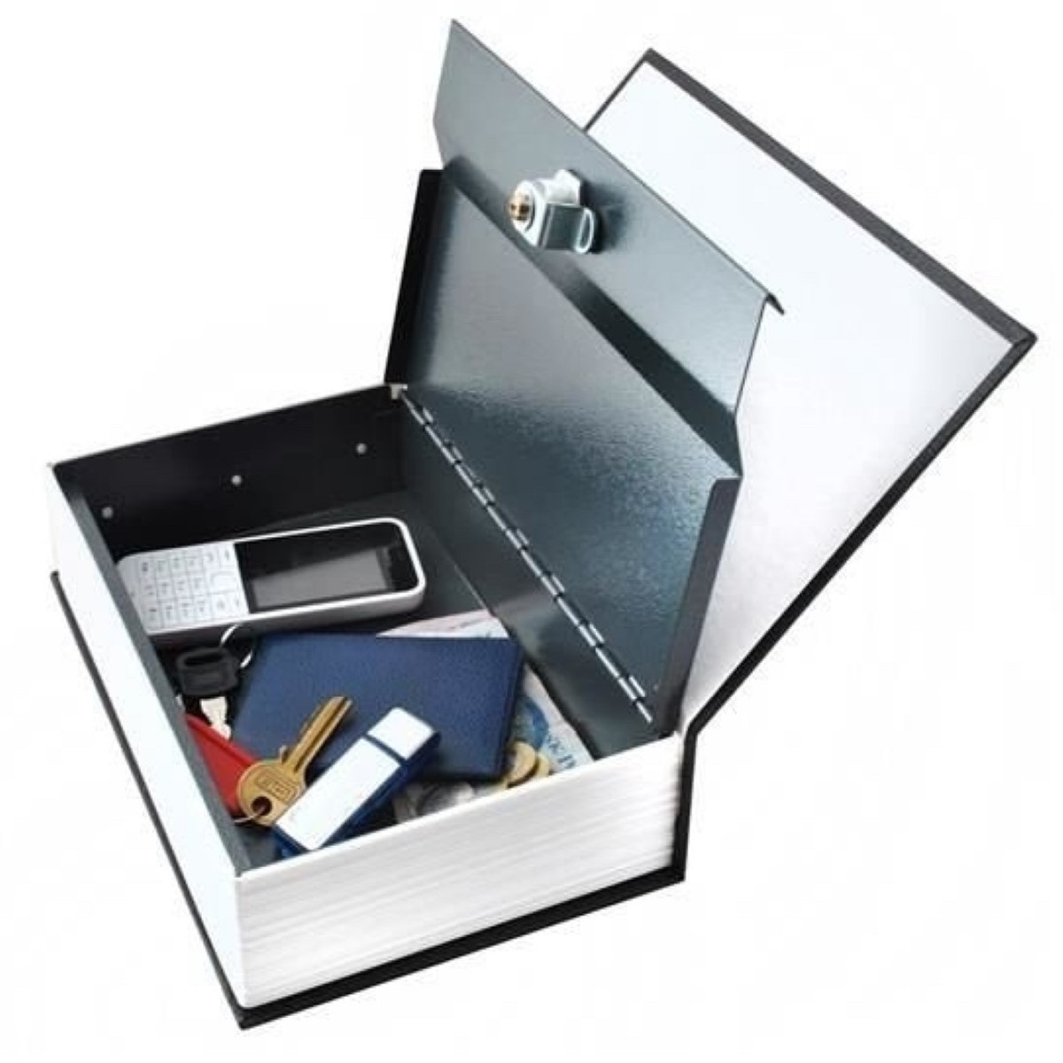Una caja fuerte en forma de libro con llaves, teléfono, billetera y USB dentro.