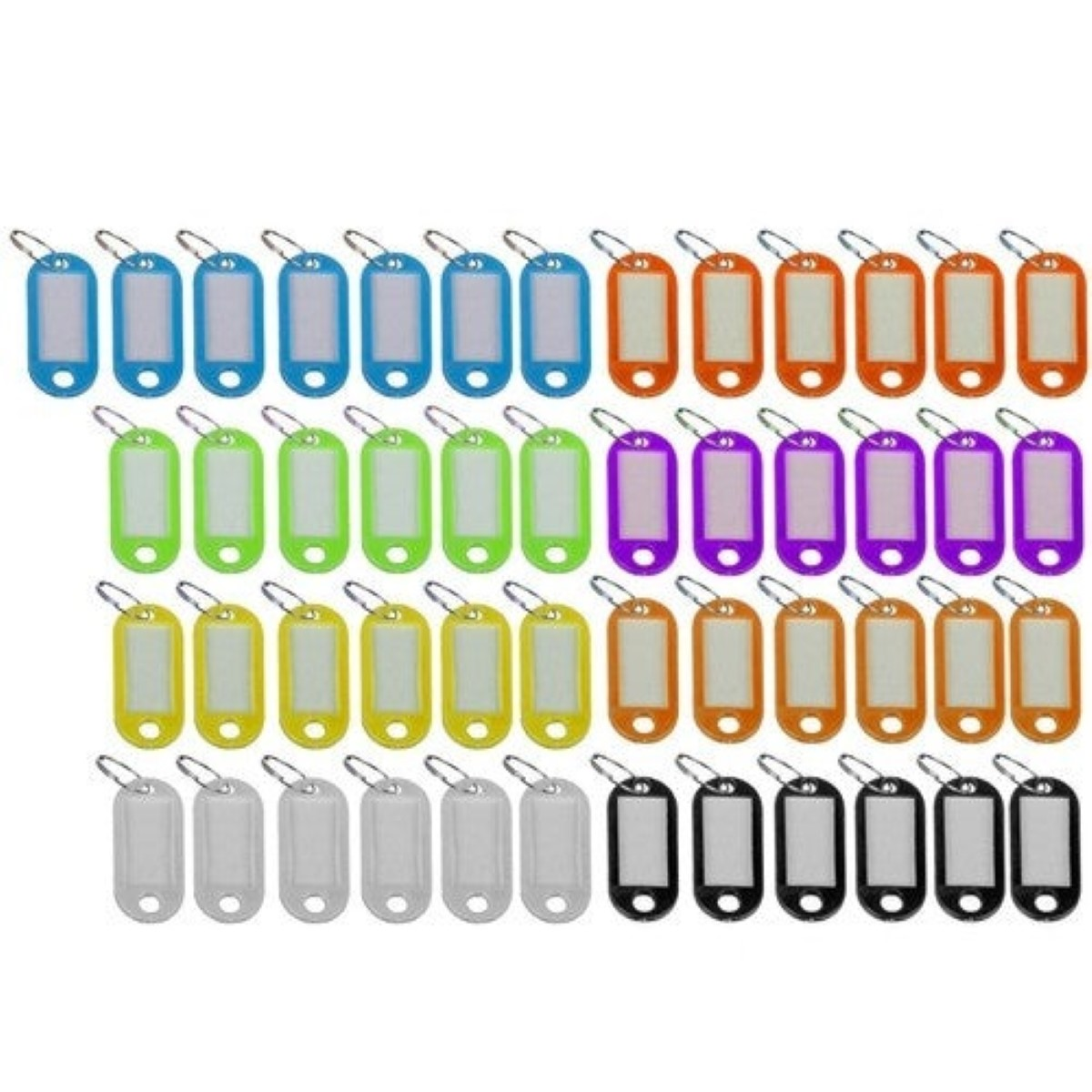 Filas de llaveros coloridos con etiquetas ovaladas y anillas. Azul, verde, amarillo, naranja, morado, gris, negro.