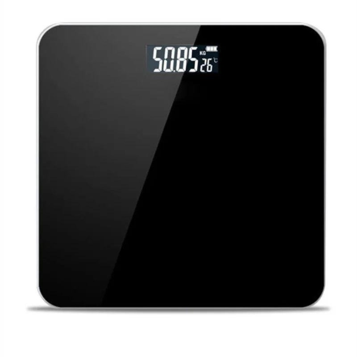 Balanza digital negra con pantalla iluminada que muestra 50,85 kg y 26°C.