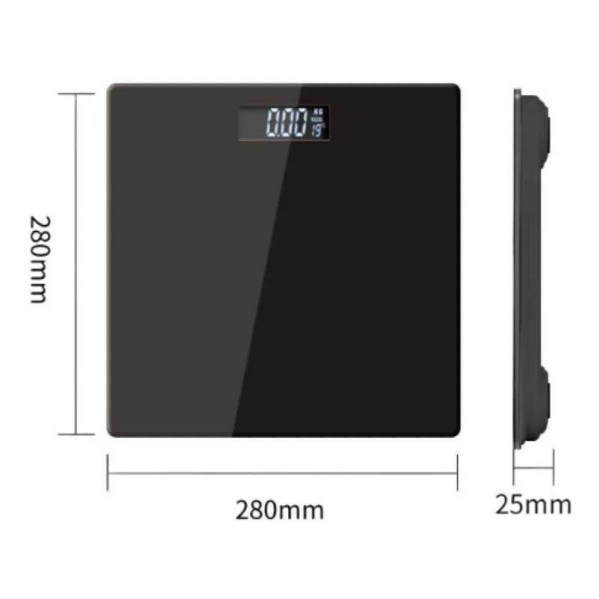Balanza digital negra, 280x280mm, 25mm de grosor, mostrando 0.00kg.