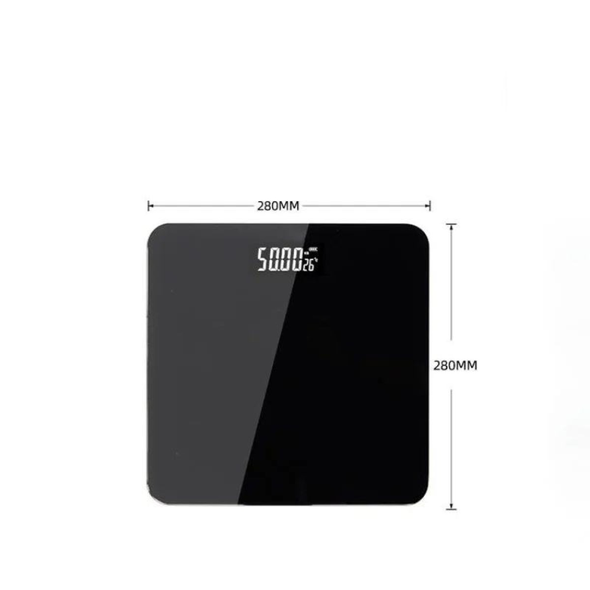 Una báscula digital negra, 280mm x 280mm, muestra 50.0026.