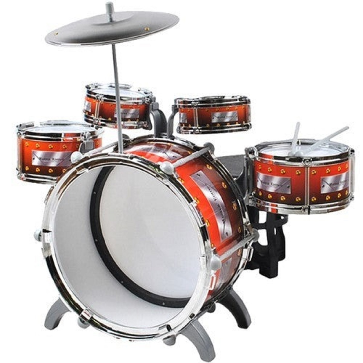 Un set de batería rojo con cuatro tambores y un soporte para platillos.