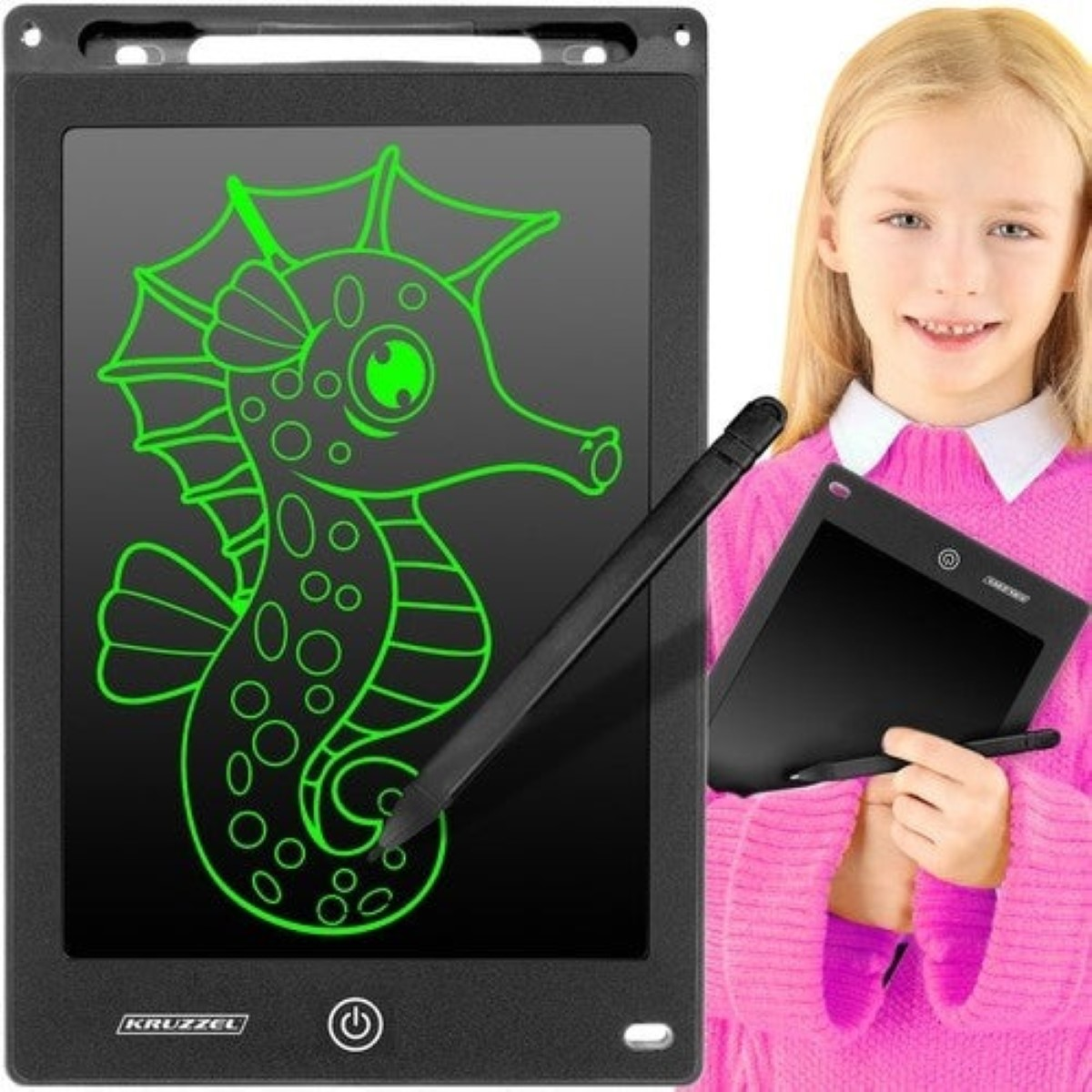 Una niña con un suéter rosa sostiene una pequeña tableta de dibujo digital. Una tableta grande con un caballito de mar en pantalla está al lado.