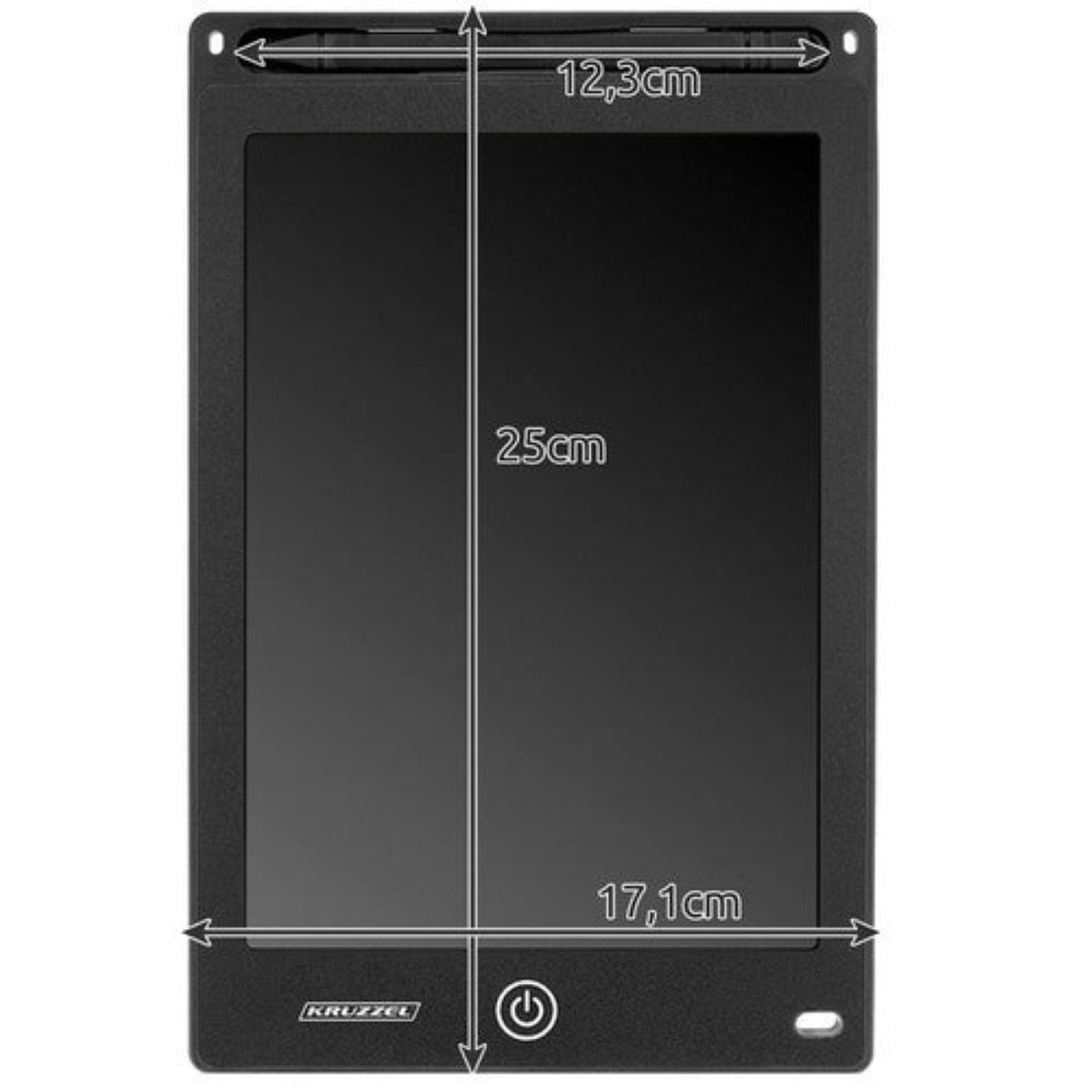 Una tableta negra con dimensiones: 25cm A, 17,1cm An, 12,3cm L.