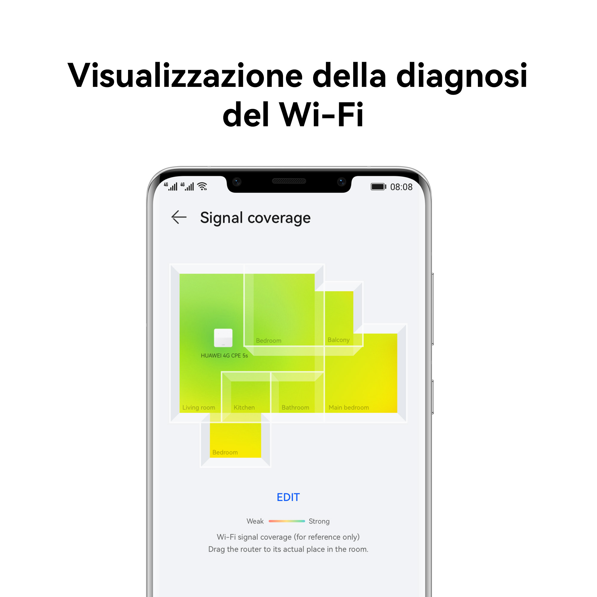 Ekran telefonu pokazuje siłę sygnału Wi-Fi w pokojach. Sygnał od zielonego do żółtego.