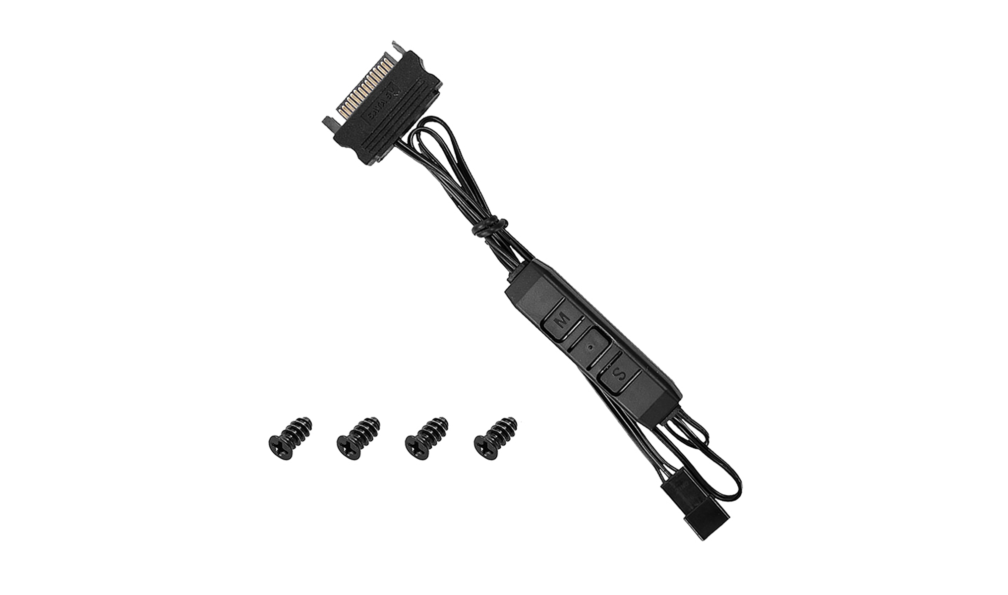 Czarny kabel SATA ze skrzynką kontrolną i czterema śrubami.