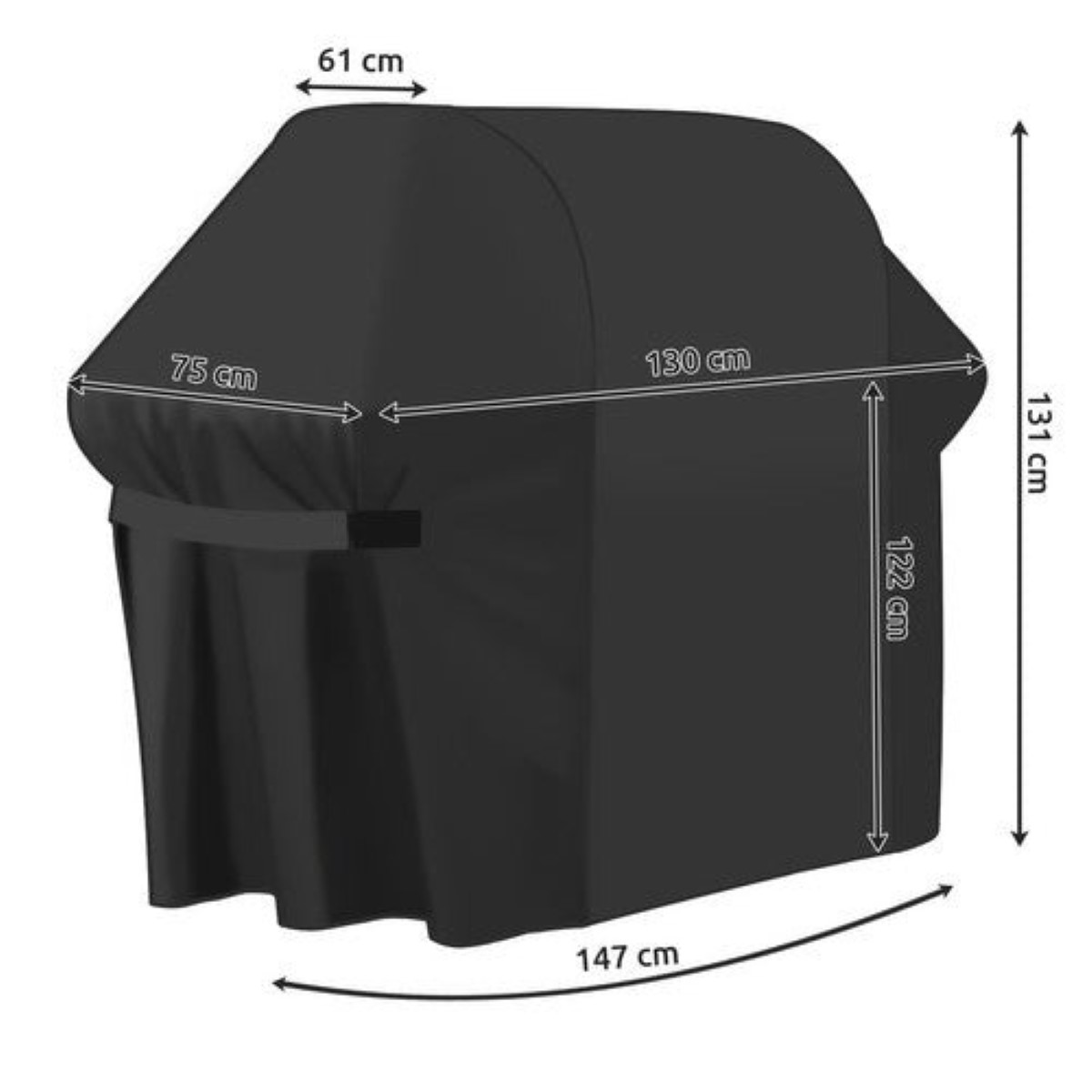 Funda negra para parrilla con dimensiones: 61x130x122cm, ancho 147cm.