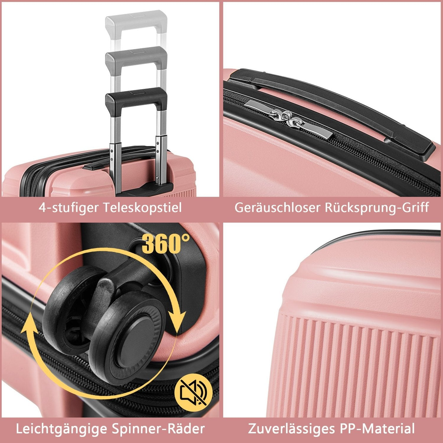 Una maleta rosa con asa extensible, ruedas, cremallera y superficie texturizada.