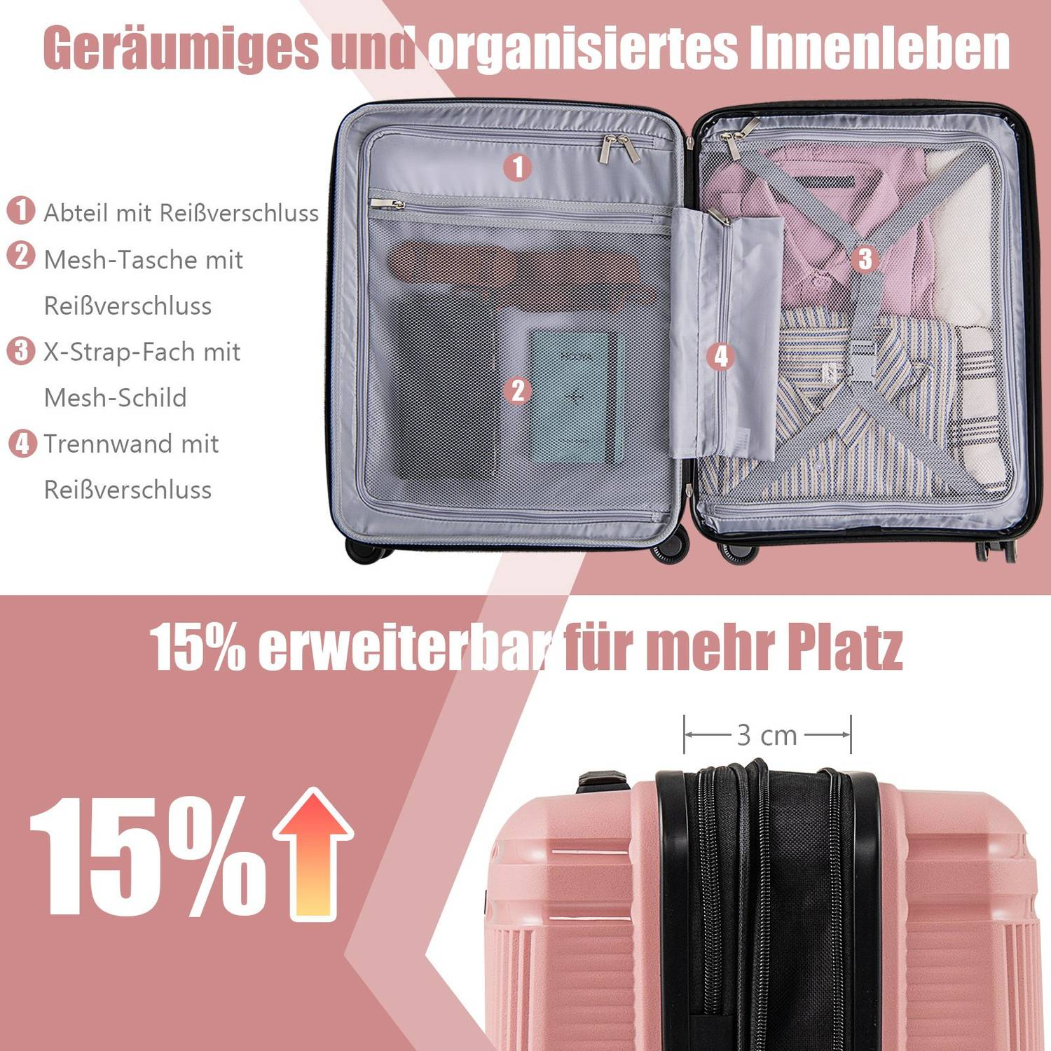Maleta abierta mostrando ropa y bolsas, con etiquetas.