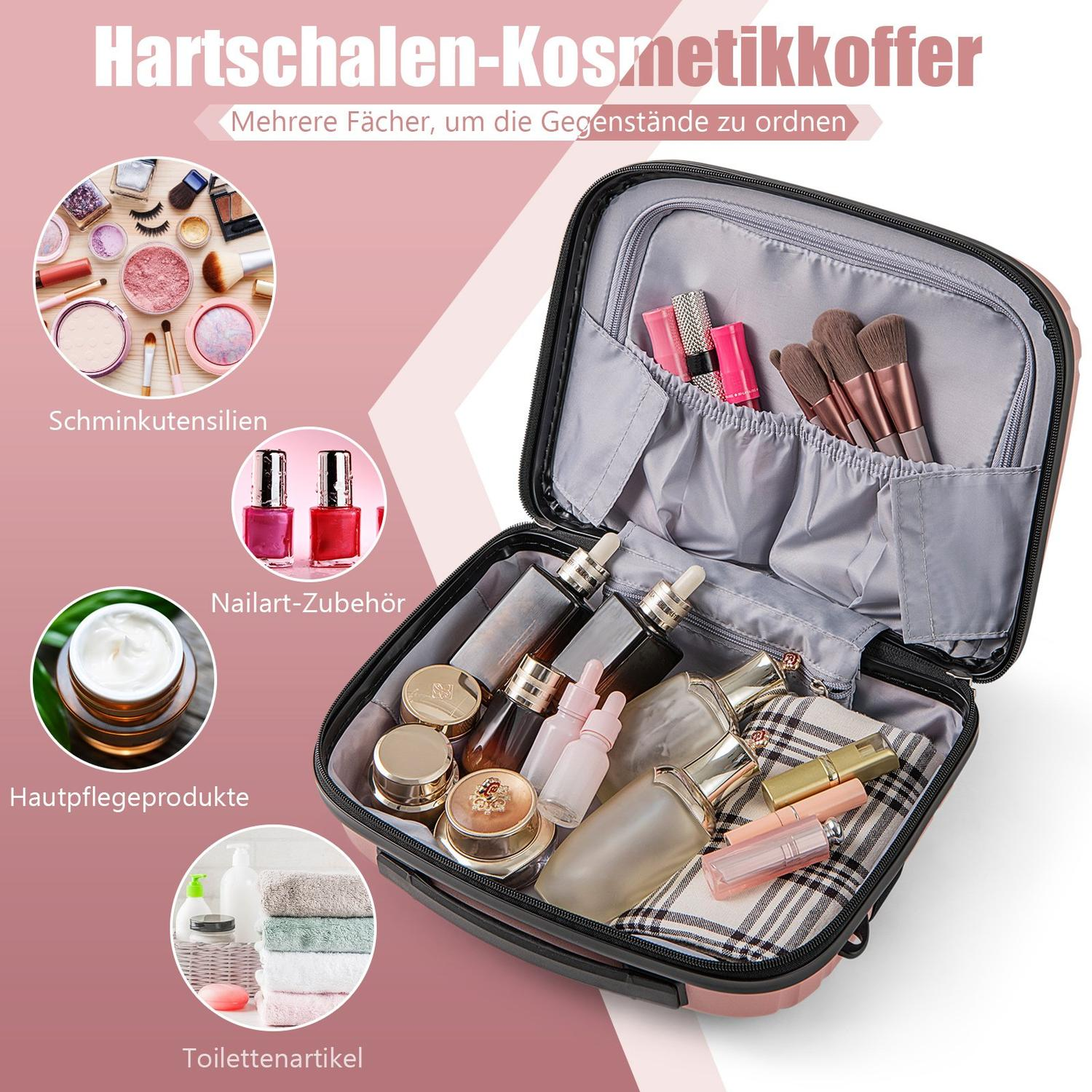 Un neceser abierto que muestra maquillaje, brochas y productos de cuidado de la piel.