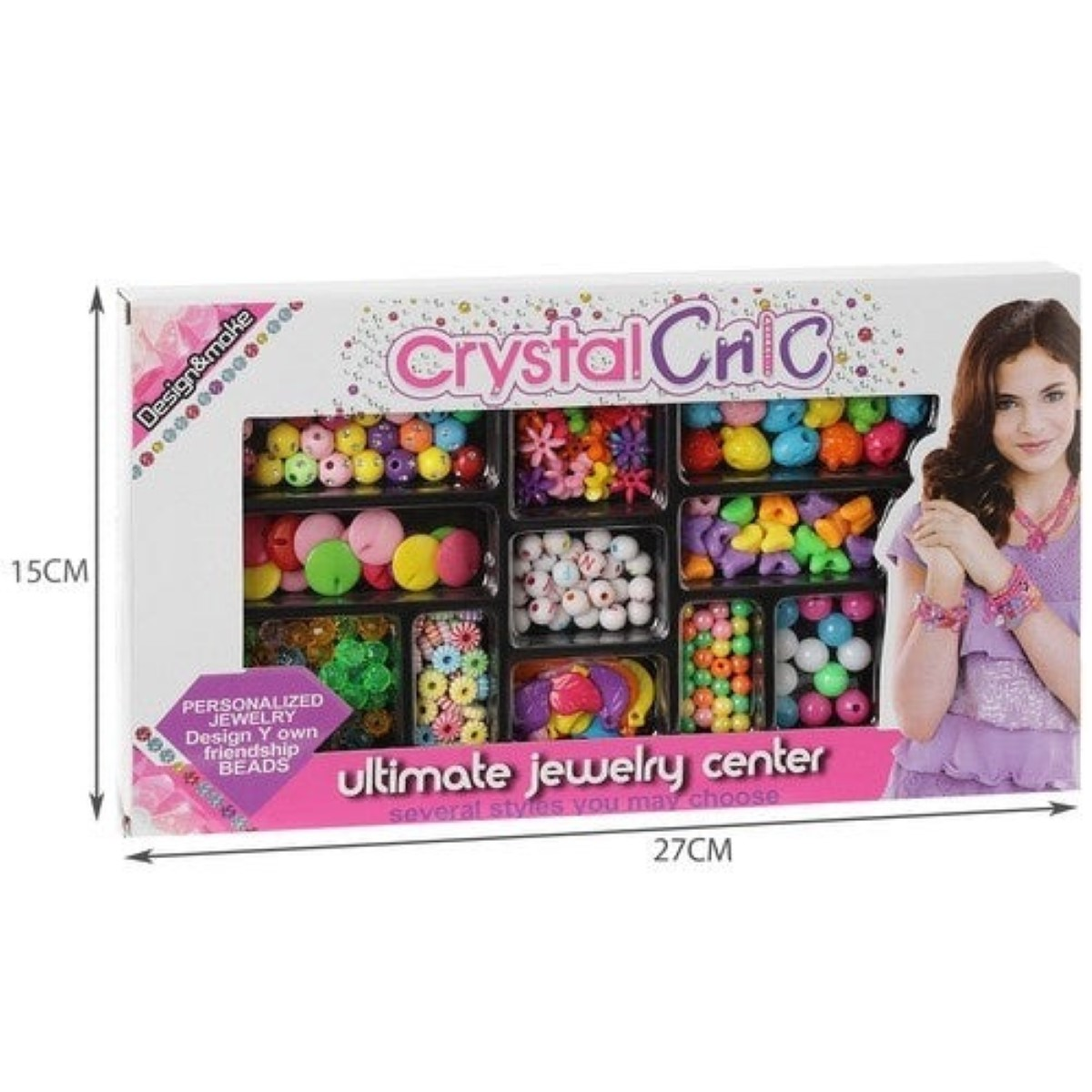 Caja de un kit para hacer joyas con cuentas de colores y una mujer joven.