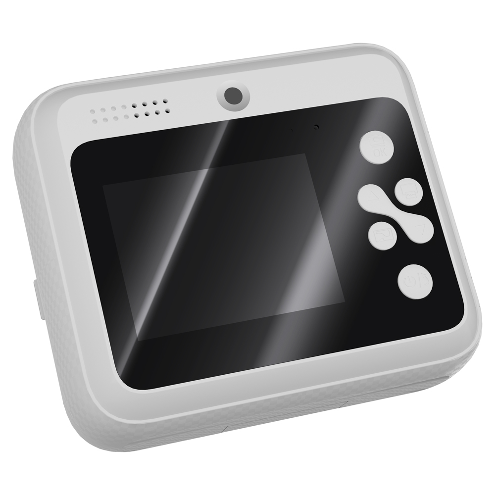 Białe urządzenie cyfrowe z czarnym ekranem i przyciskami sterującymi.