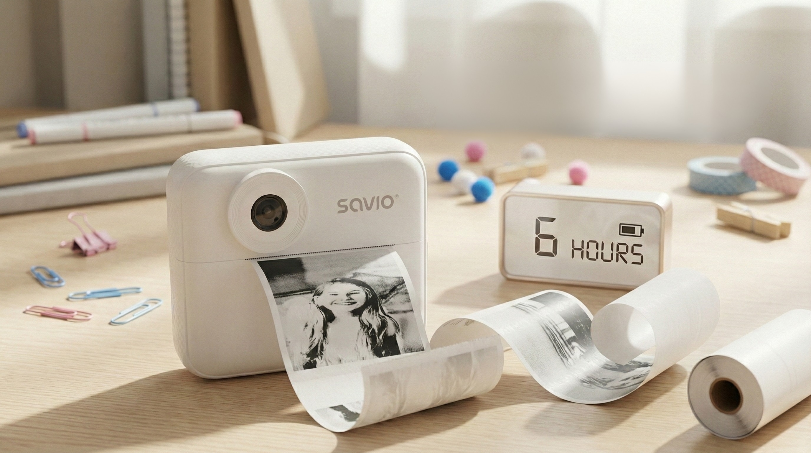 Biała drukarka wydaje czarno-białe zdjęcie. Obok leżą rolki papieru.