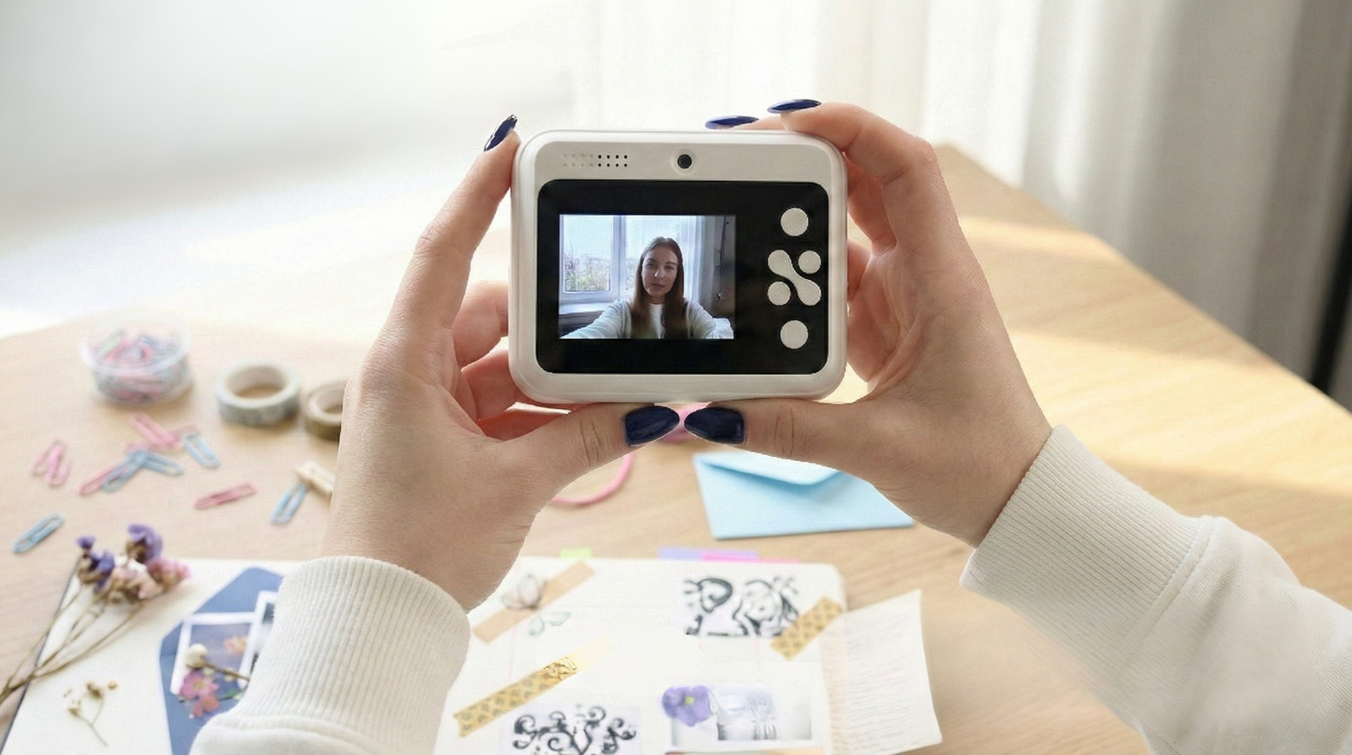 Osoba trzyma aparat z ekranem pokazującym dziewczynkę. Materiały plastyczne.