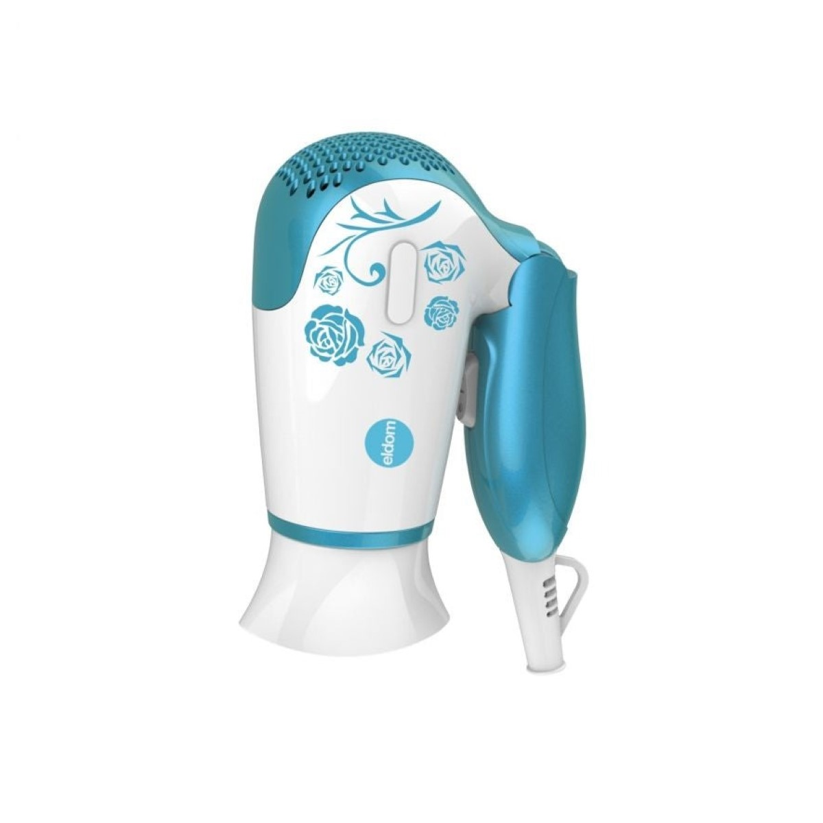 Un asciugacapelli bianco e blu con motivo floreale e logo eldom.