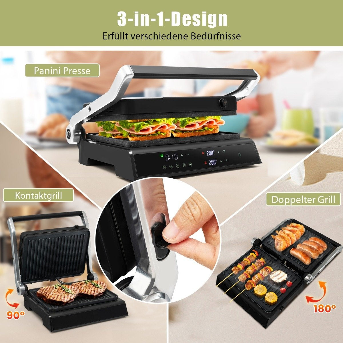 Una parrilla 3 en 1: panini, parrilla de contacto y parrilla doble con comida.