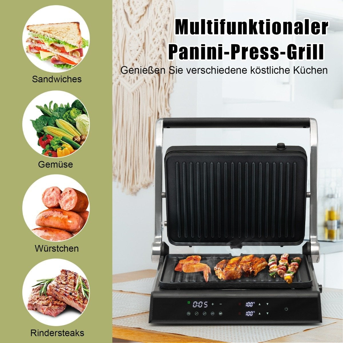 Una parrilla para paninis con sándwiches, verduras, salchichas y filetes al lado.