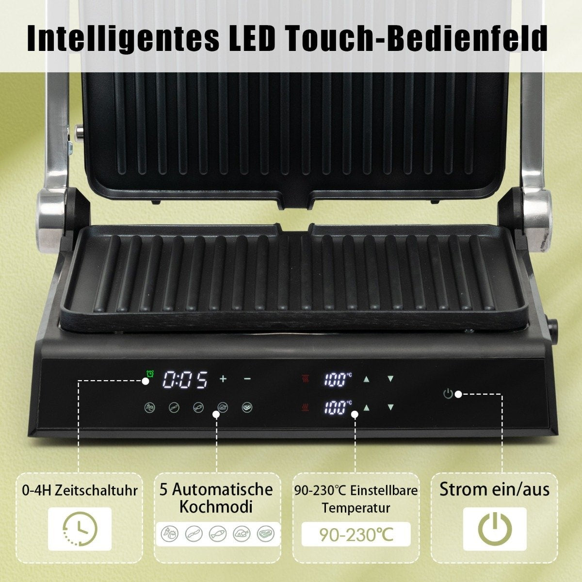 Una parrilla de contacto abierta con pantalla LED que muestra temporizador y temperatura.