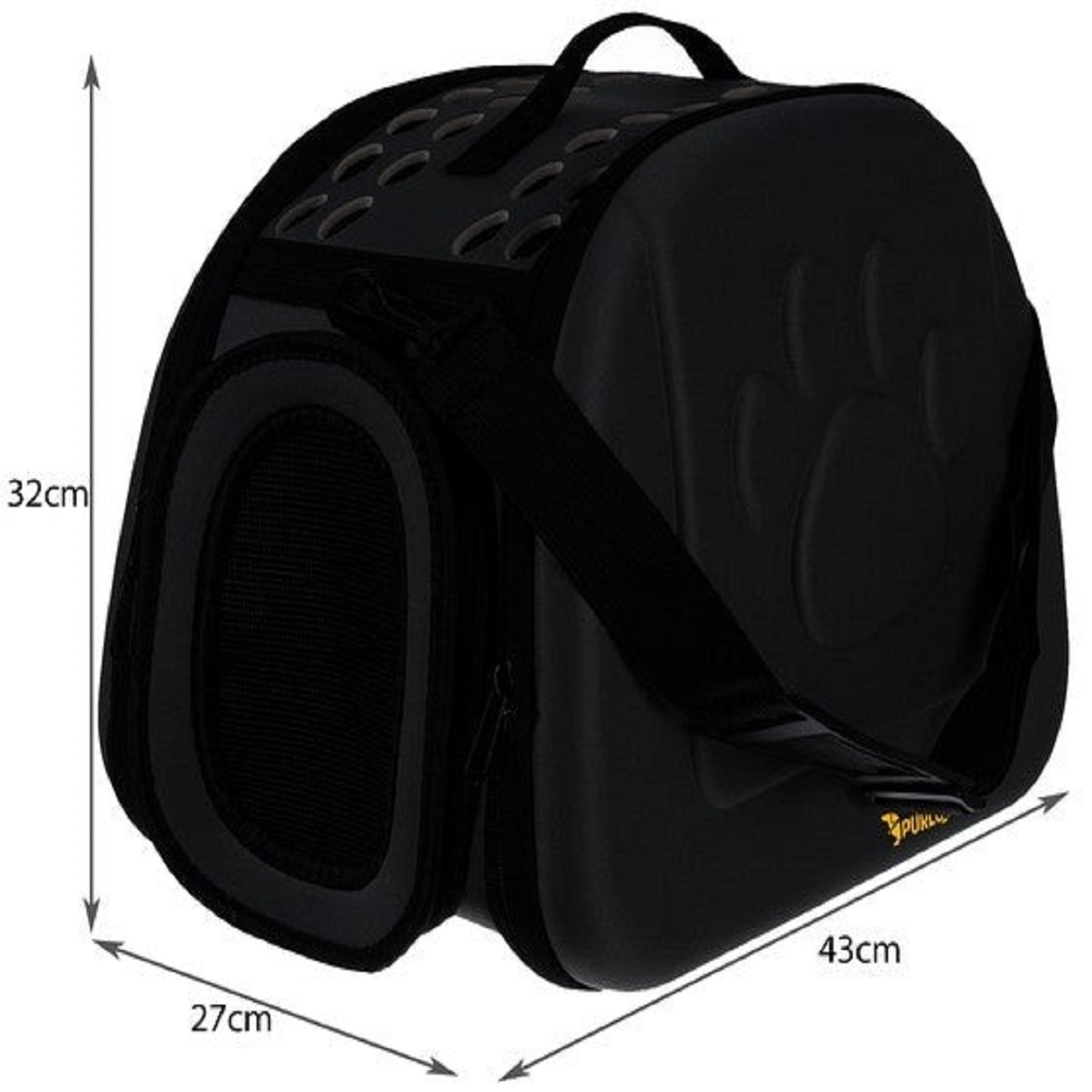 Bolso transportín negro para mascotas con ventilación, asa y correa. Dimensiones: 43x27x32cm.