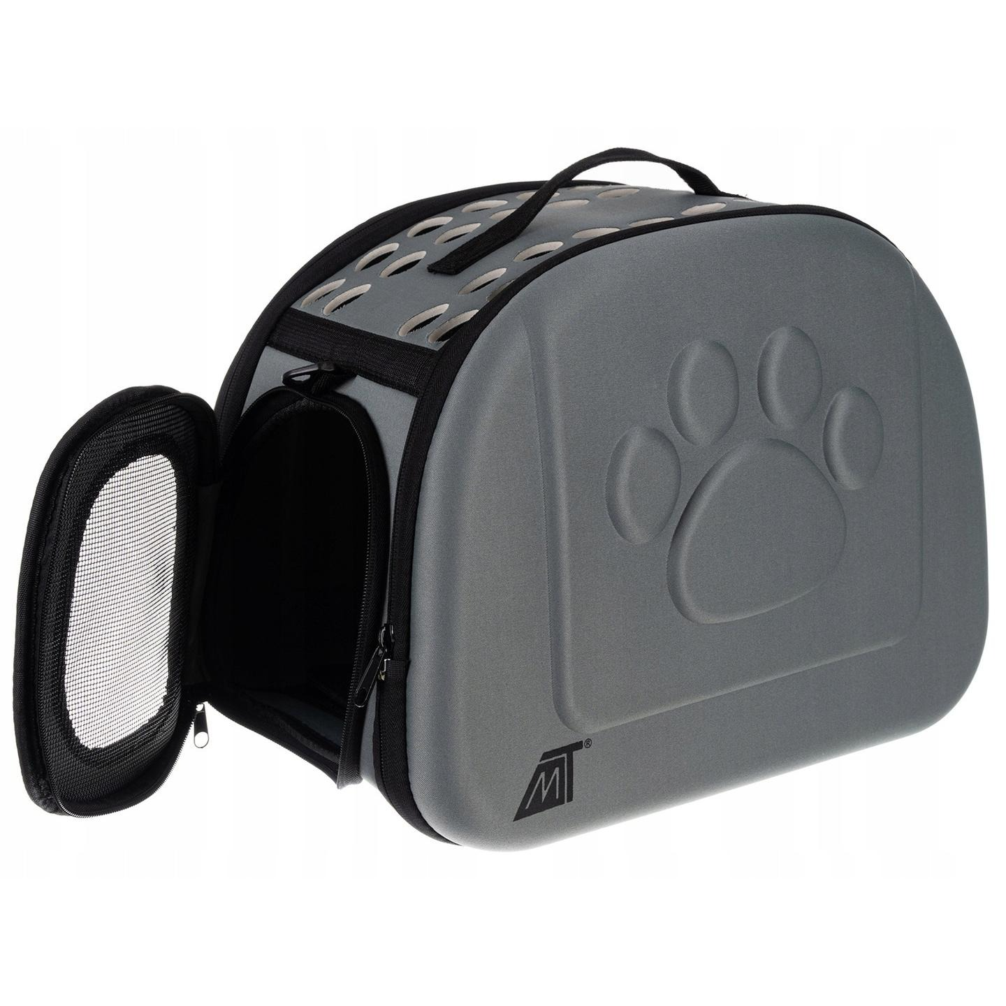 Transportín gris para mascotas con diseño de huella y ventilación. Puerta de malla.