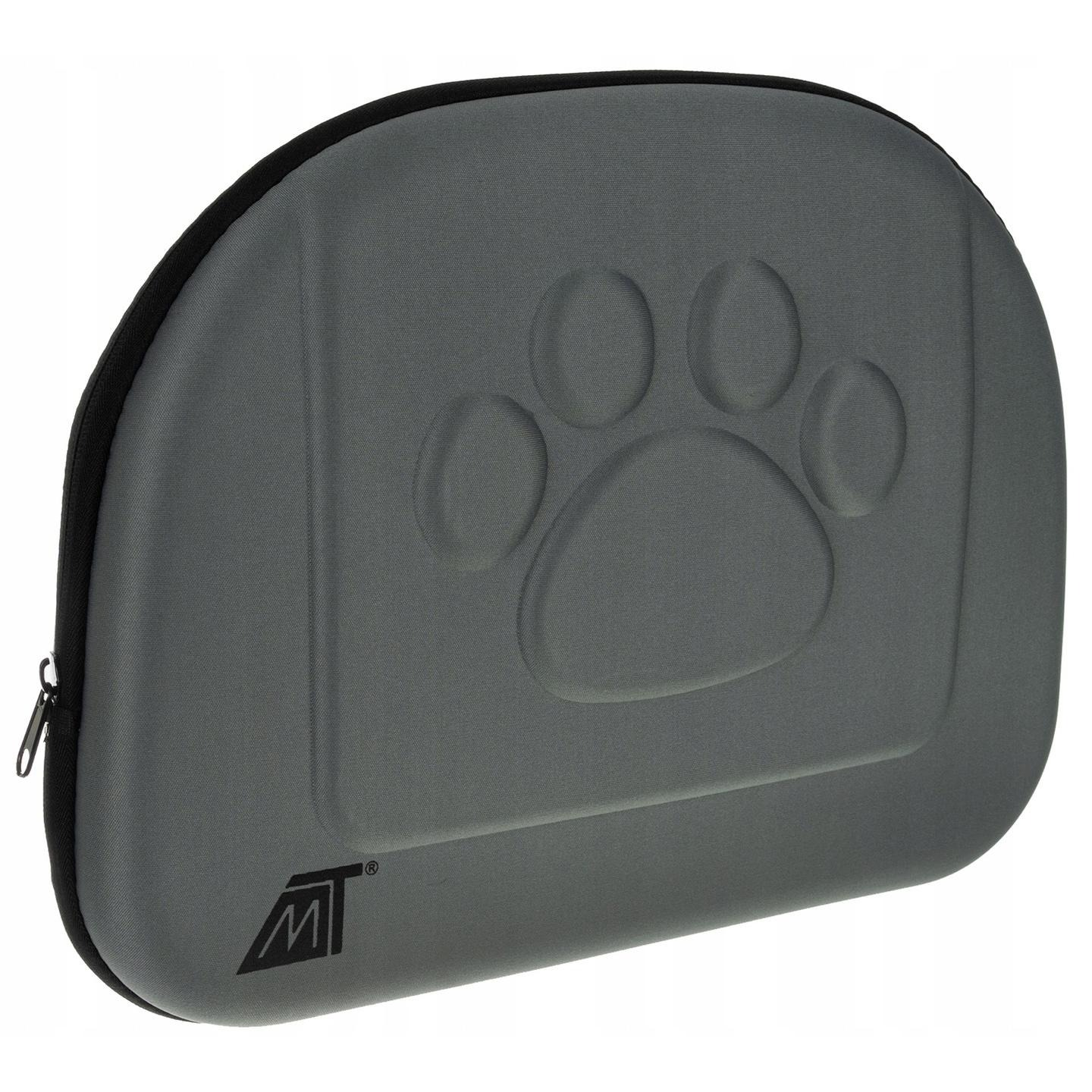 Funda gris con cremallera, diseño de huella y logo.