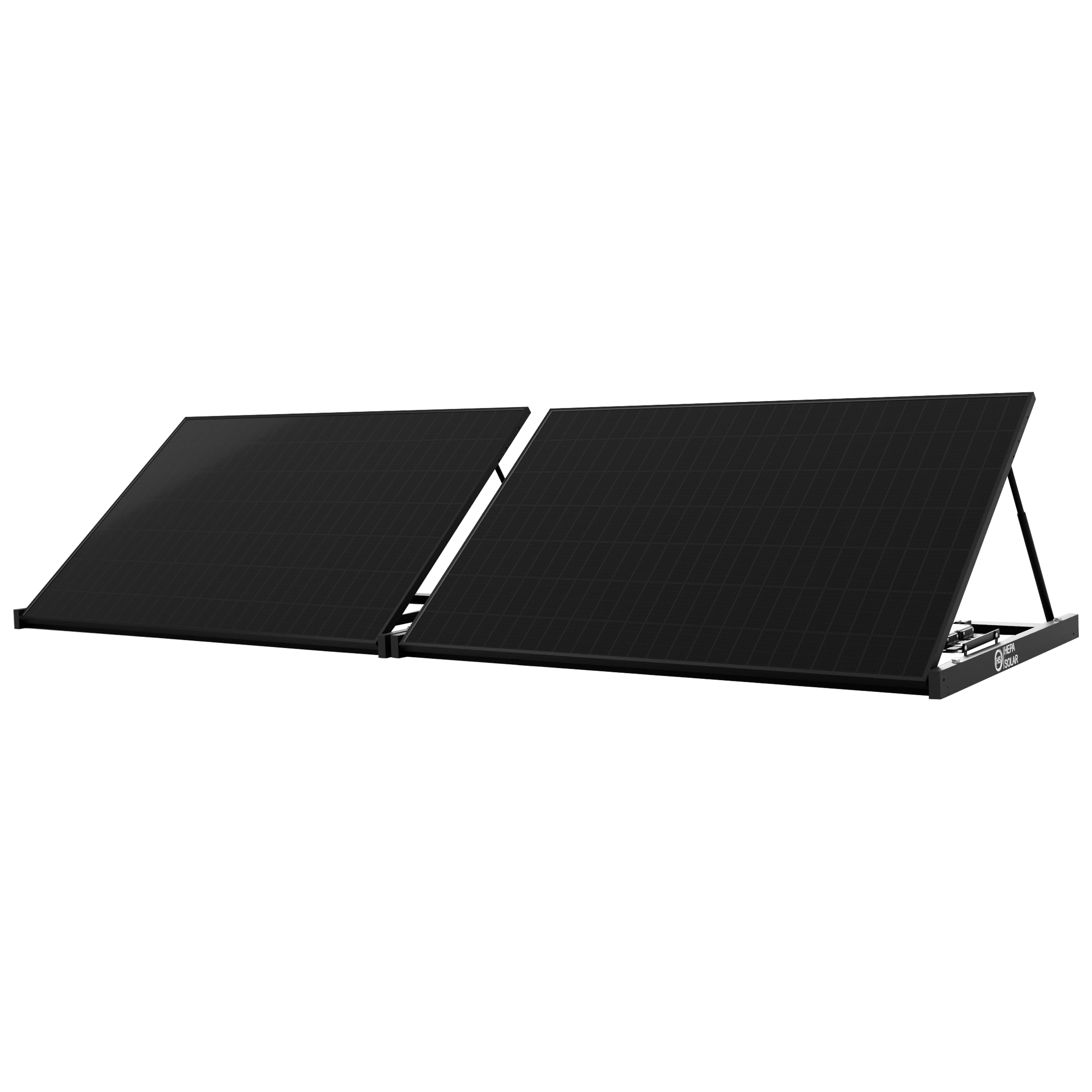 Zwei schwarze Solarmodule stehen auf einem schwarzen Hintergrund, mit Logo.