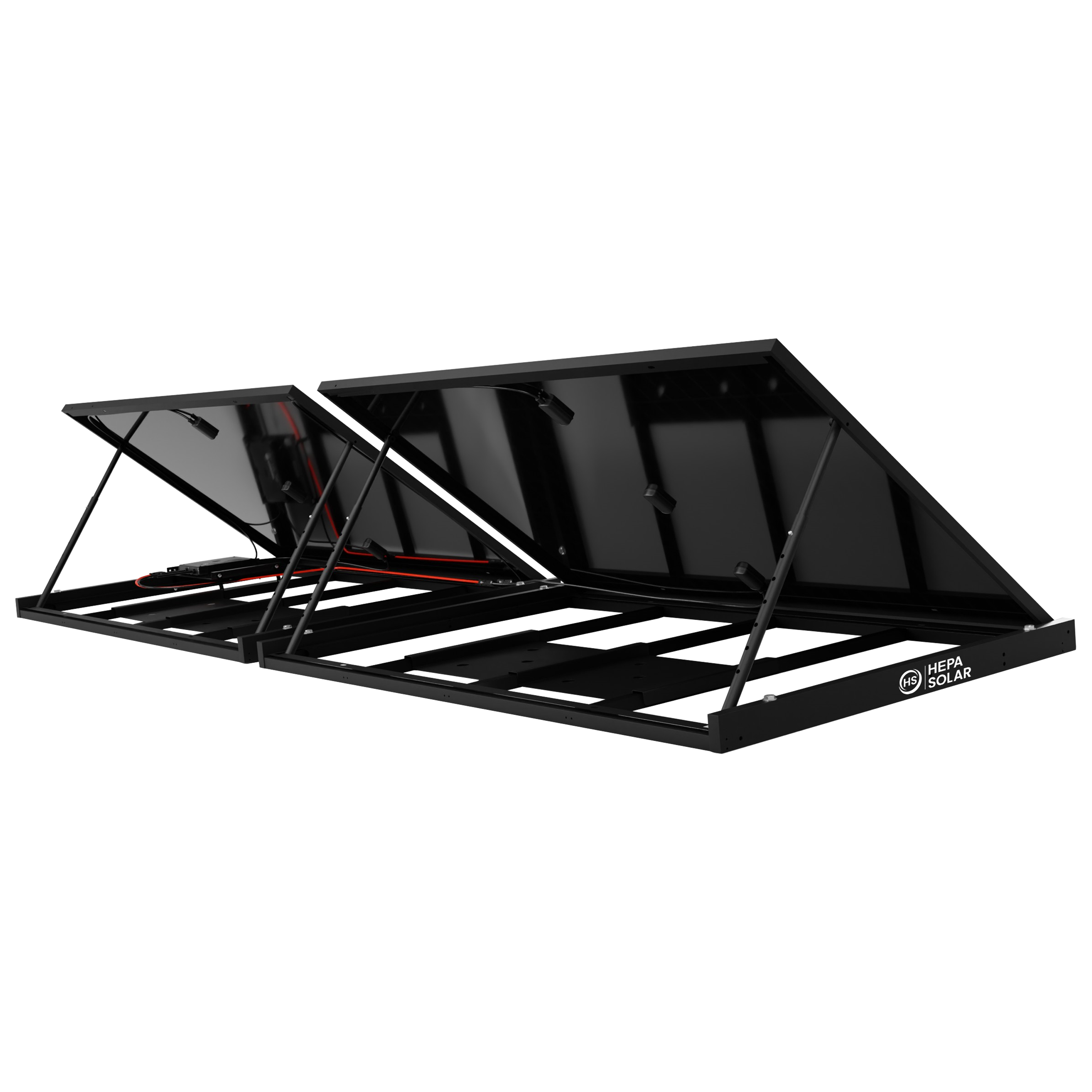 Zwei schwarze Solarmodule auf einem Metallrahmen mit roten Kabeln.