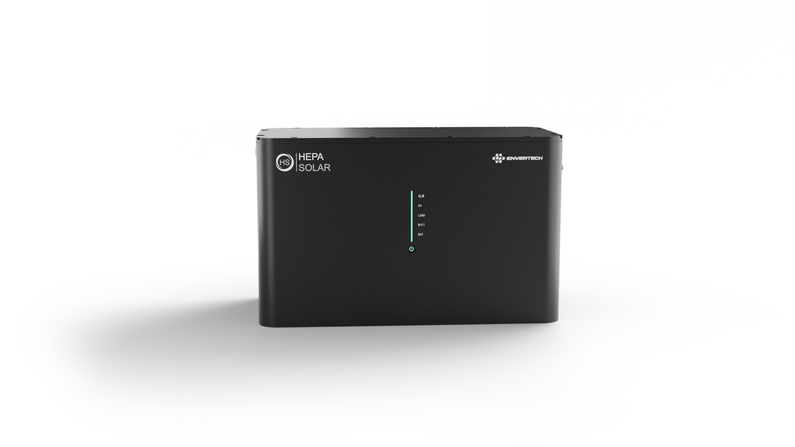 Ein schwarzes HEPA SOLAR-Gerät mit Ladeanzeigen und dem ENVERTECH-Logo.