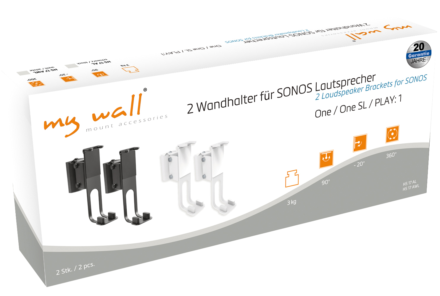 Verpackung mit zwei Wandhalterungen für SONOS Lautsprecher, schwarz und weiß.