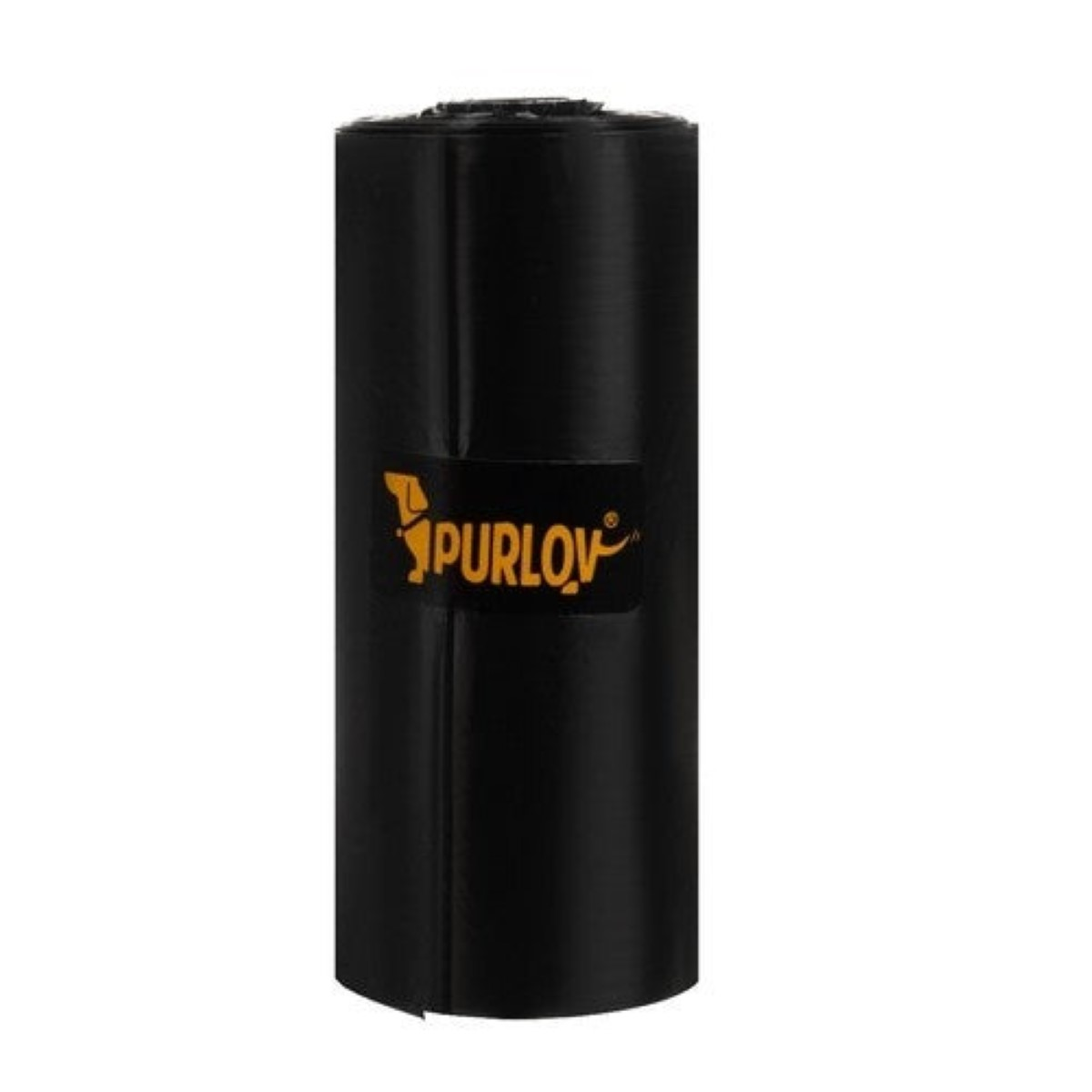 Rollo negro de bolsas para excrementos de perro con logo naranja.