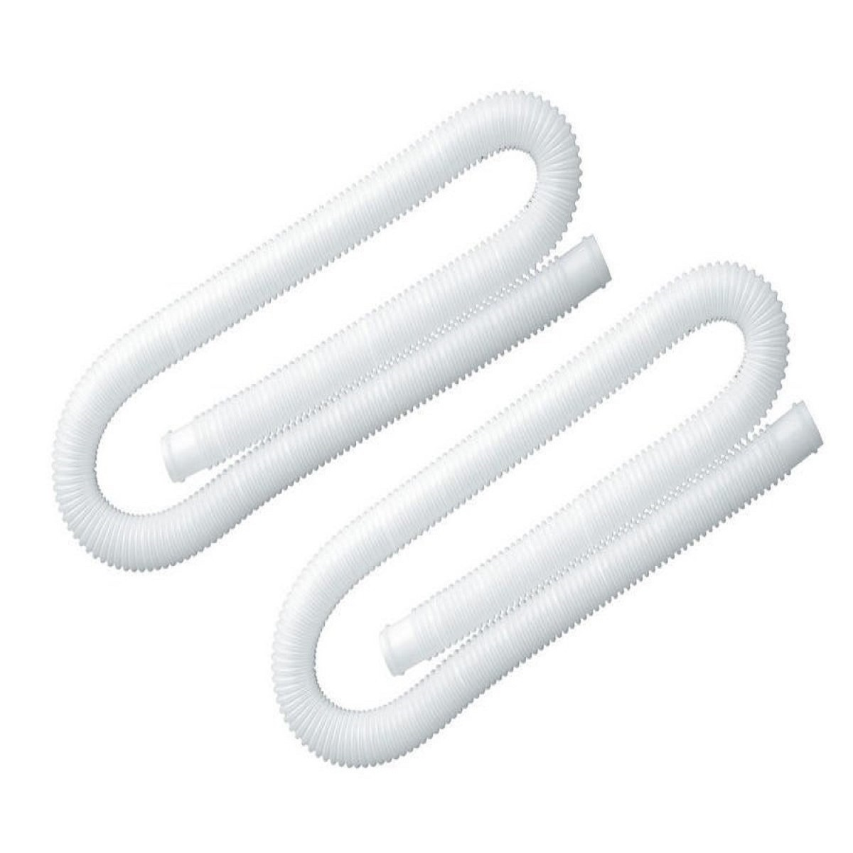 Dos mangueras blancas y flexibles con textura acanalada yacen sobre fondo blanco.