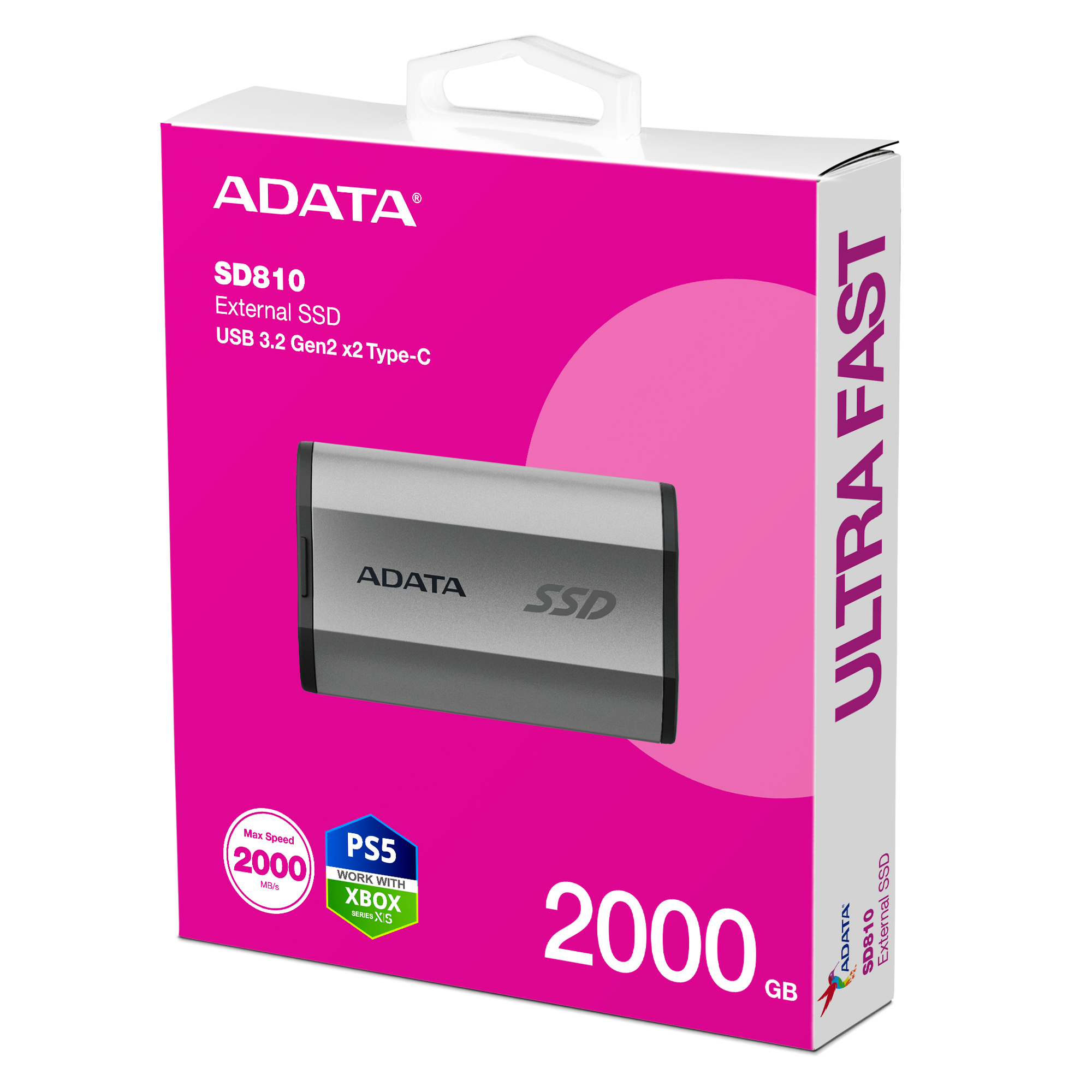 Opakowanie zewnętrznego dysku SSD ADATA SD810 2000GB, USB 3.2 Gen2x2, PS5/Xbox.