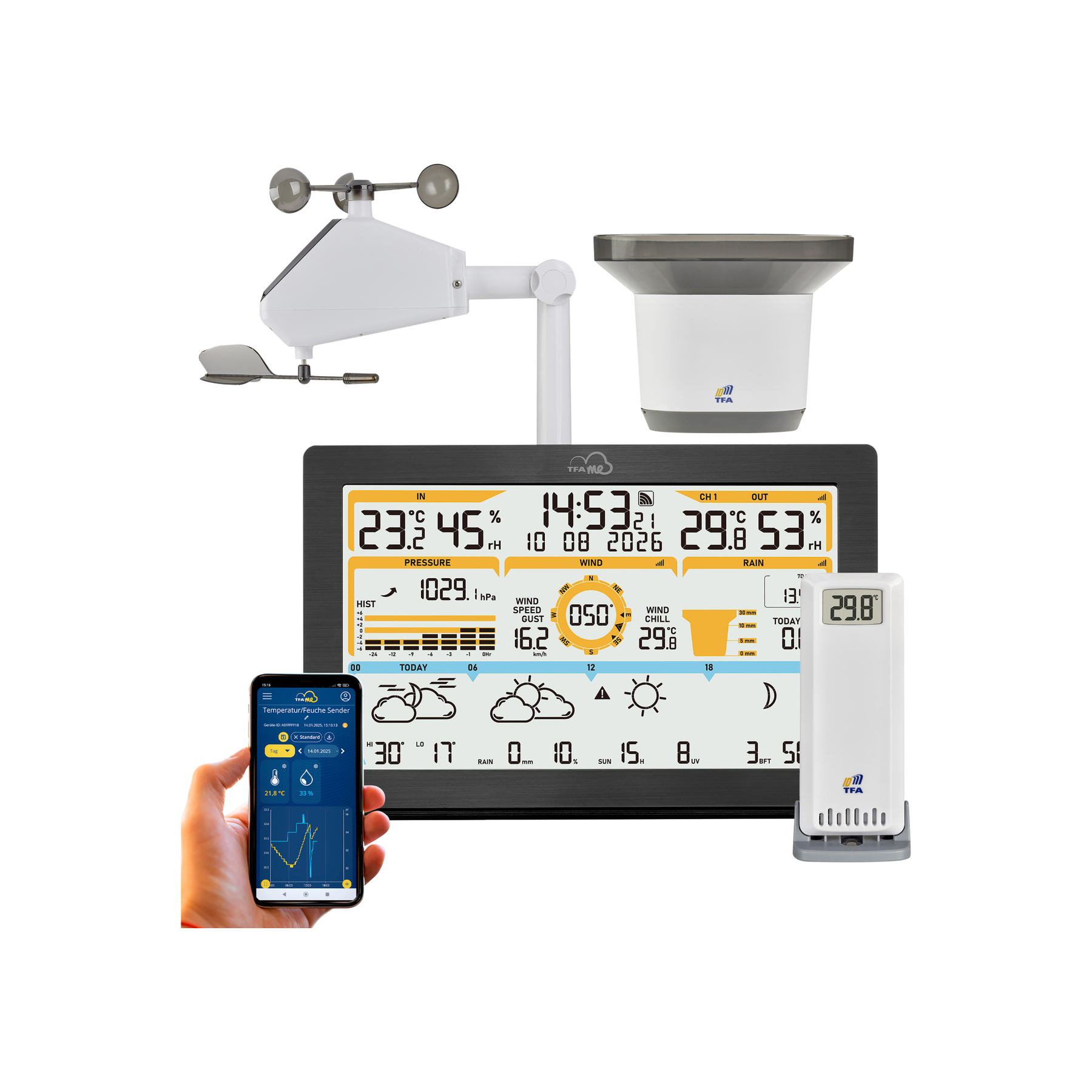 Wetterstation mit Außensensor, Display, Smartphone und Wetteranzeigen.