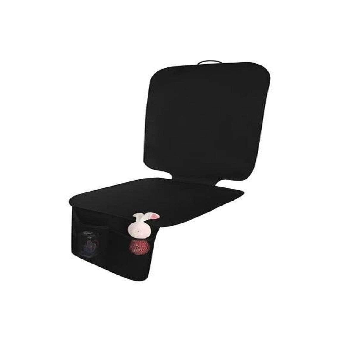 Protector de asiento de coche negro con bolsillos organizadores, con juguetes y botella.