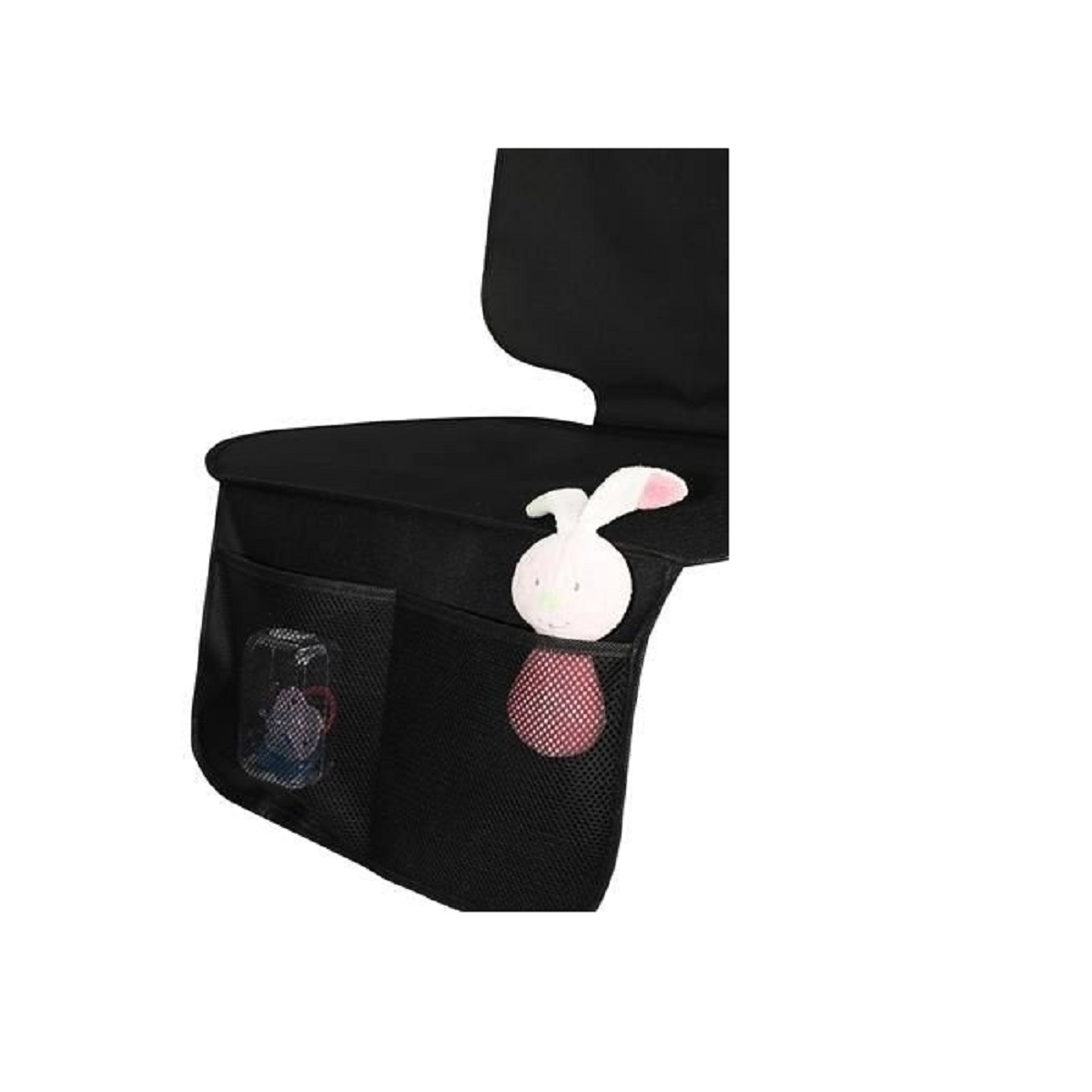 Organizador negro para asiento de coche con osito y botella en bolsillos.